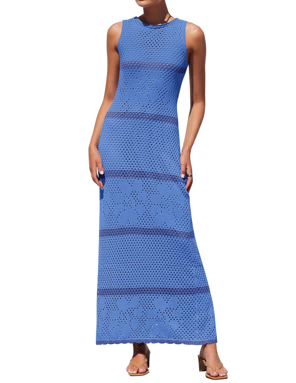 Luxuii Crochet Hollow Out Sleeveless Striped Coverup Sundress