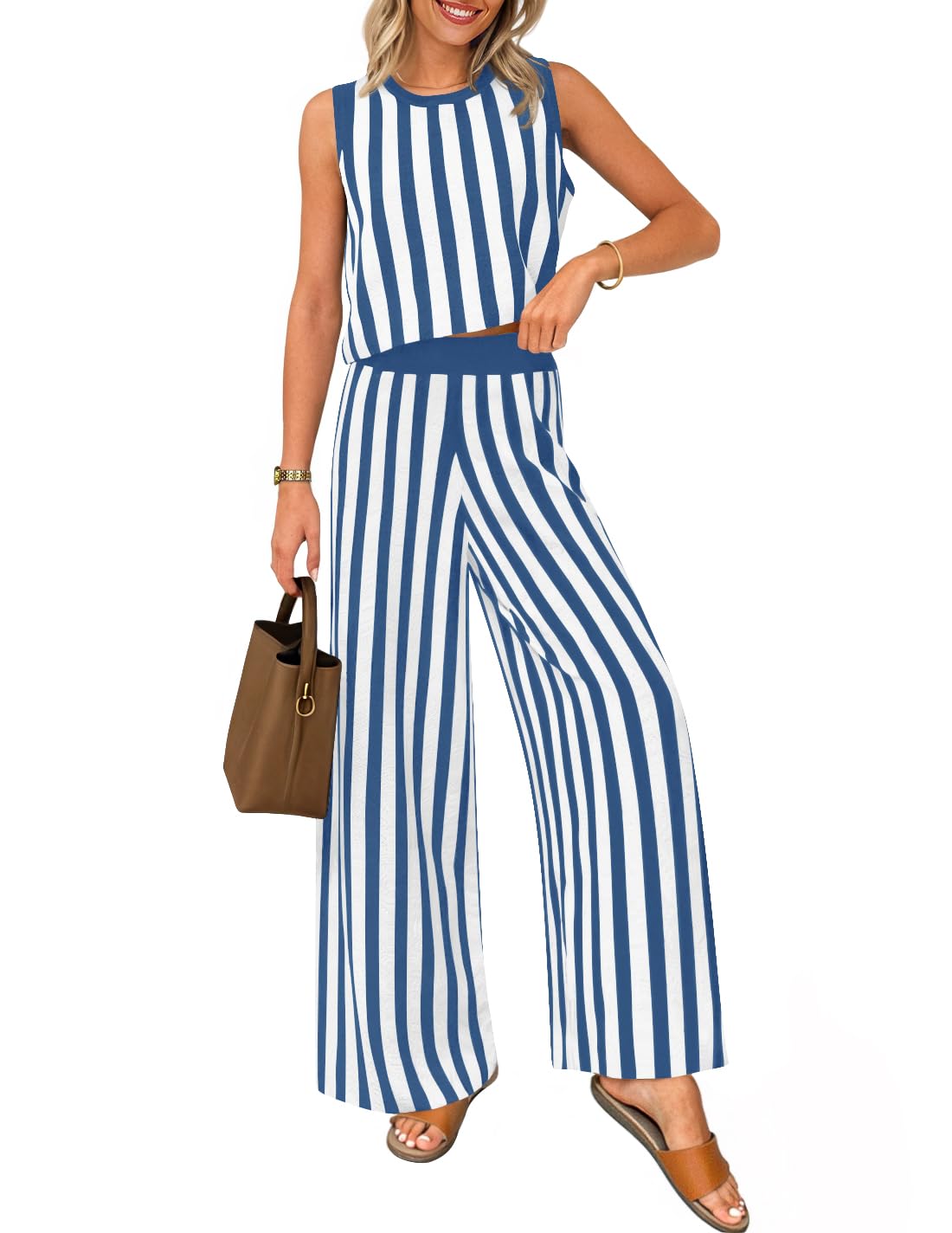 Luxuii Two Piece Outfits Crop Tank Tops and Wide Leg Pants Striped Sets