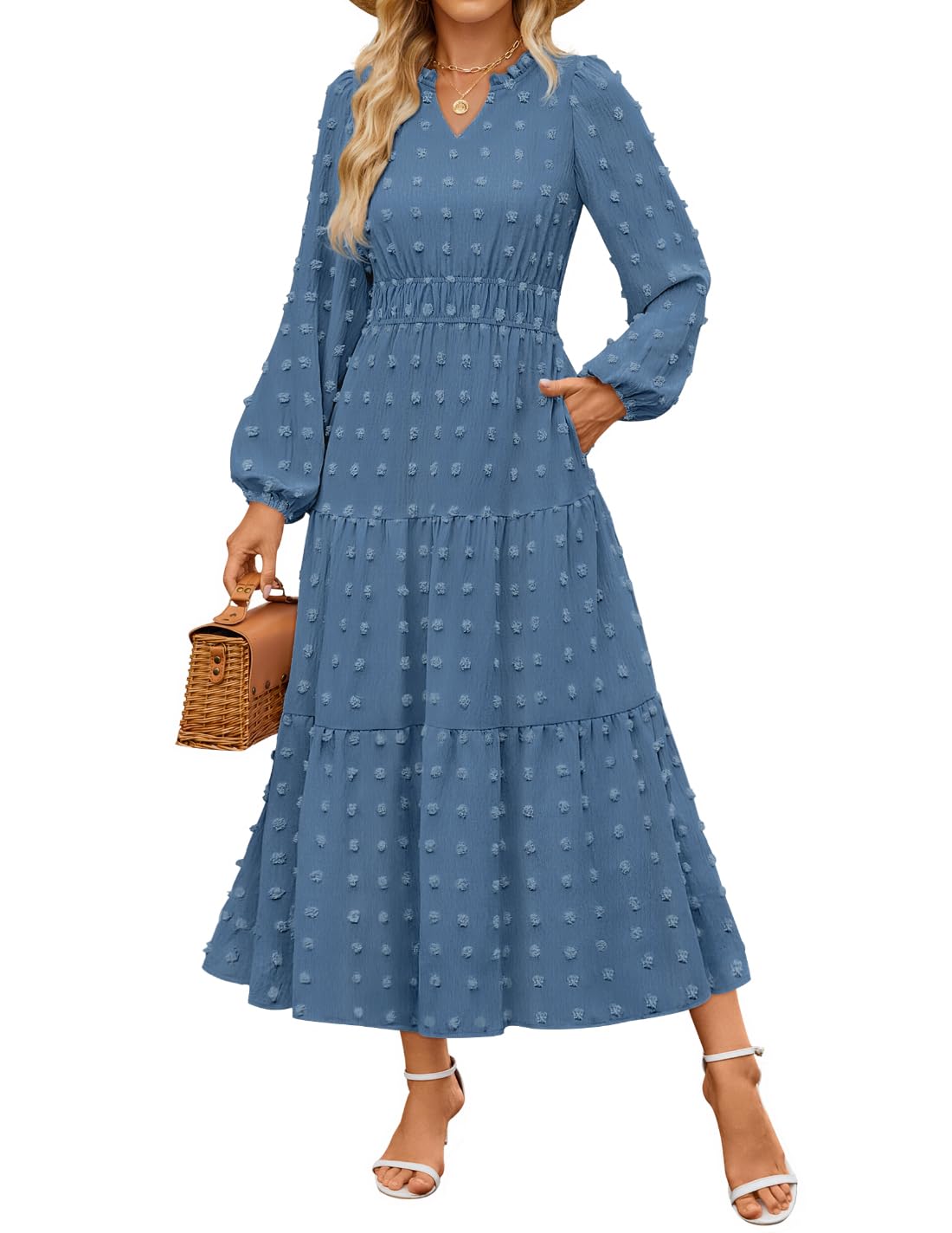 Luxuii Boho V Neck Swiss Dot Tiered Flowy Swing Dress