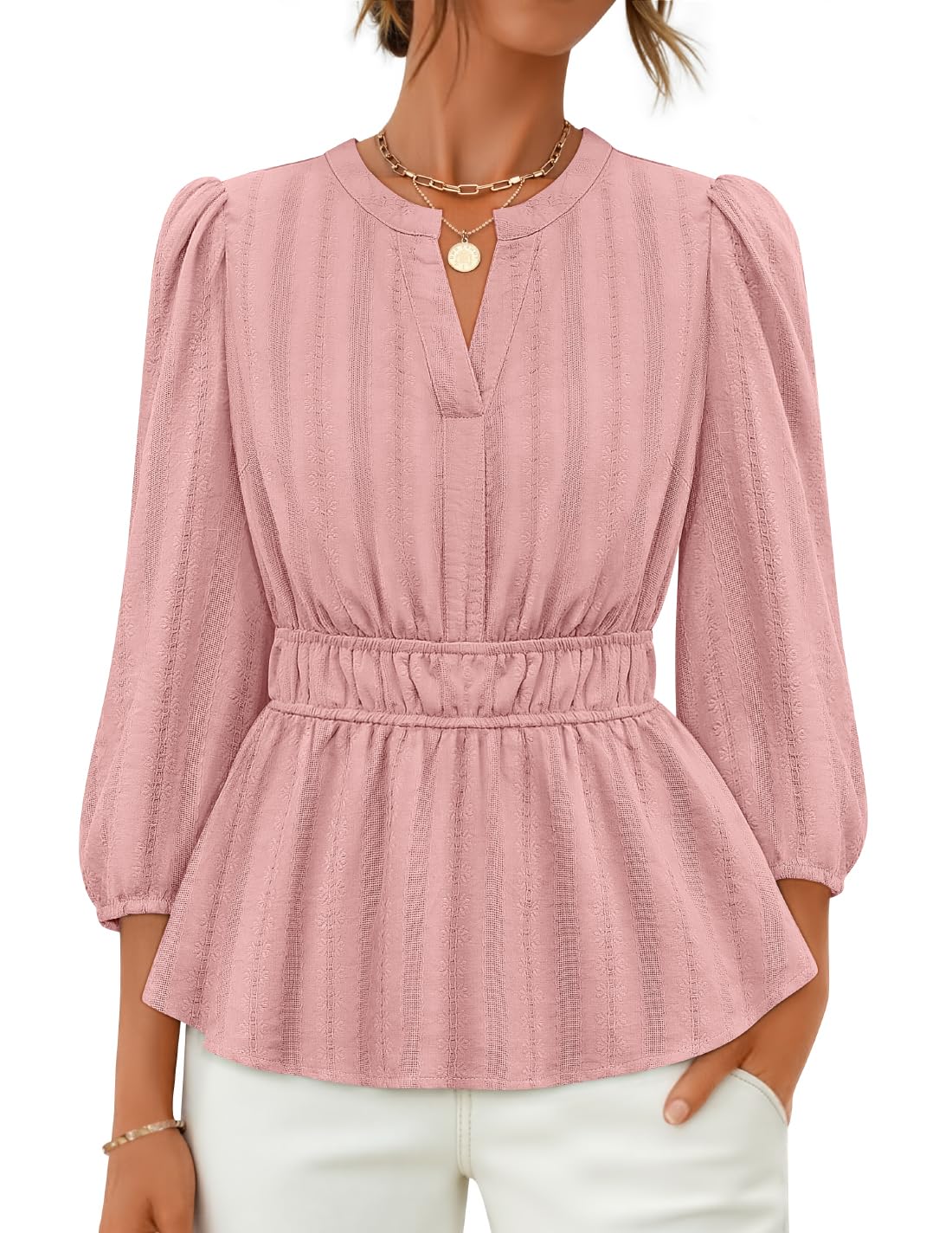 Luxuii 3/4 Length Sleeve V Neck Peplum Blouses Dressy Work Shirts