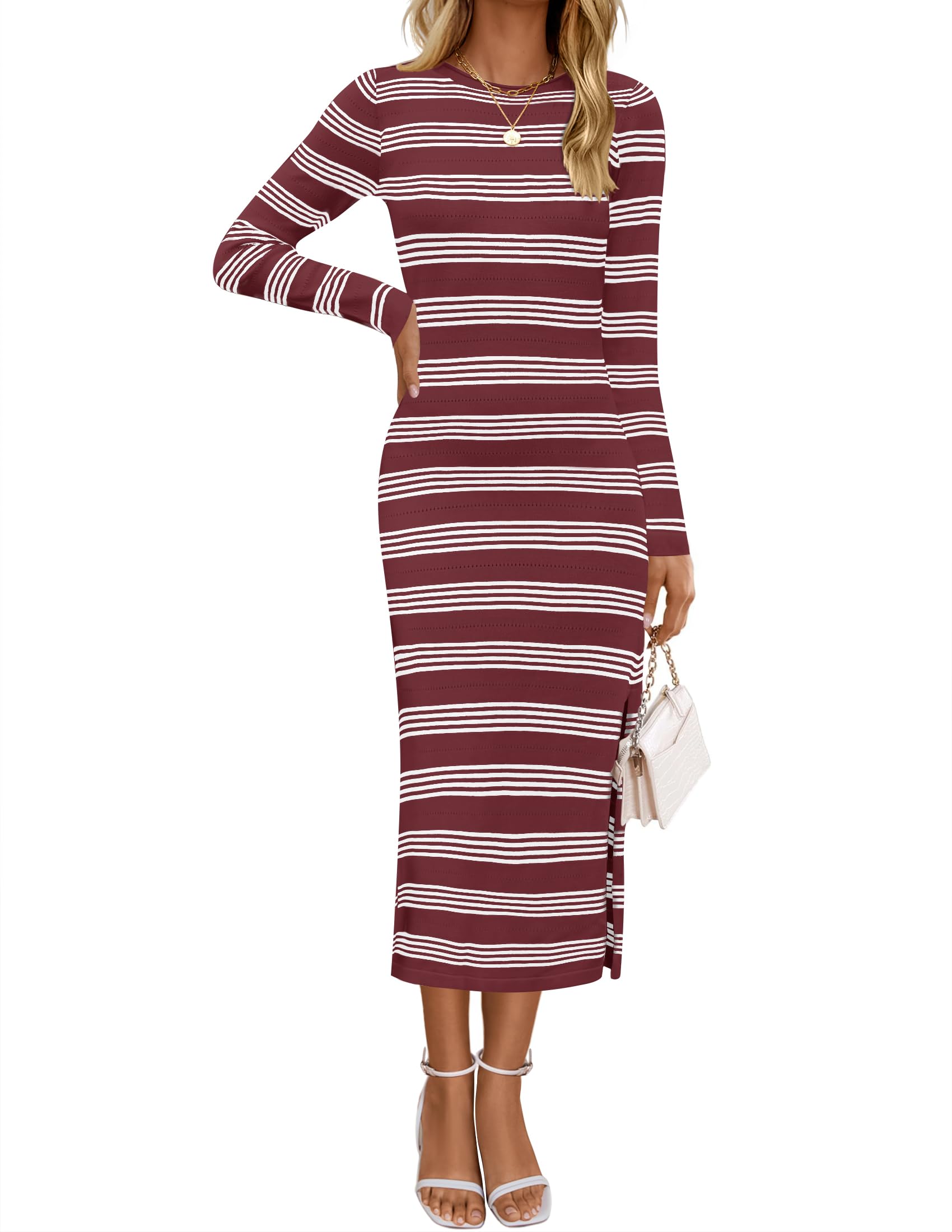 Luxuii Striped Knit Crewneck Side Slit Bodycon Sweater Dress