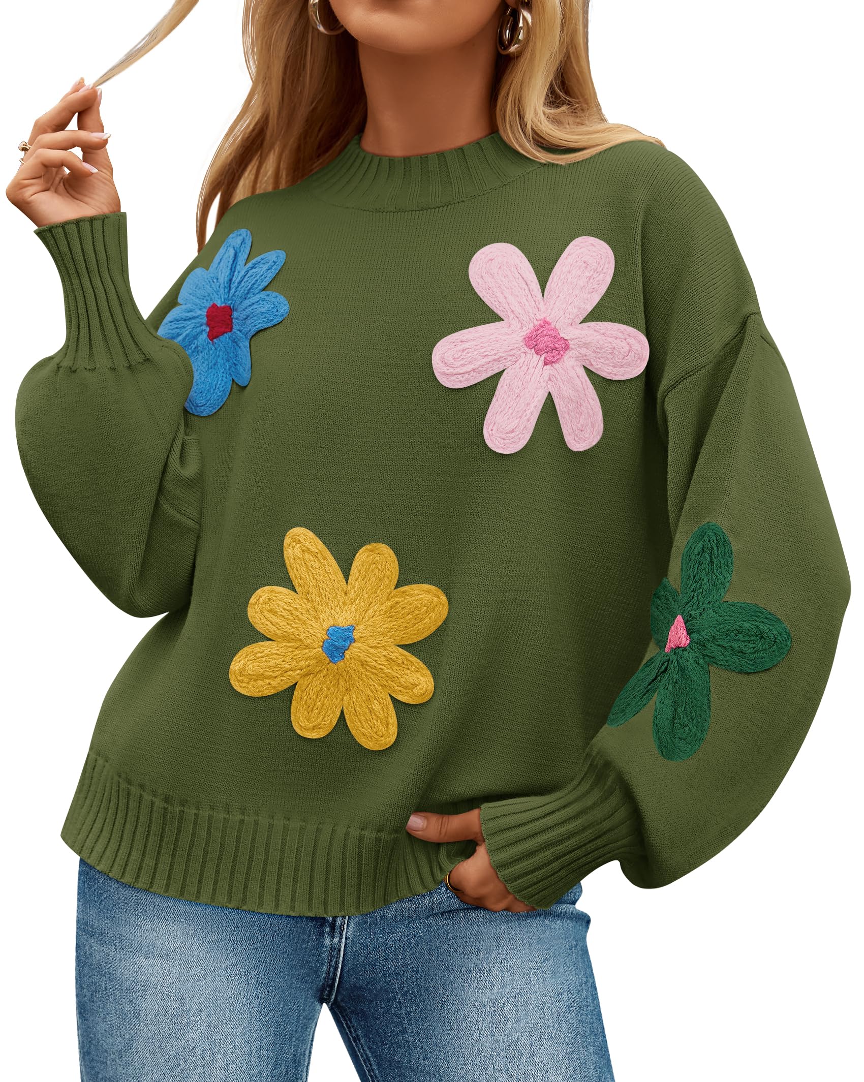 Luxuii Crewneck Ribbed Knit Flower Color Block Loose Pullover Tops