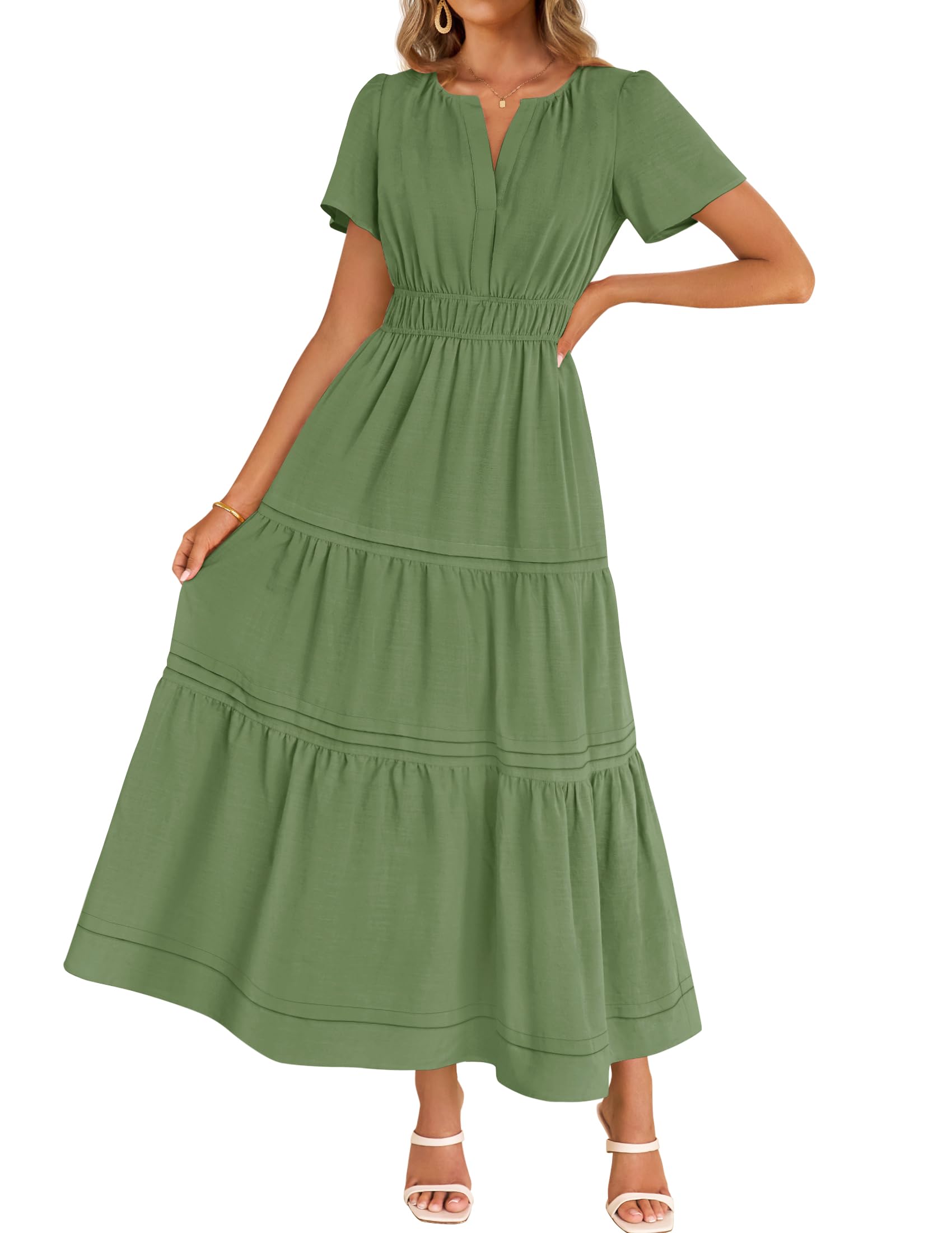 Luxuii Short Sleeve V Neck Elastic Waist Tiered Flowy Boho Dress