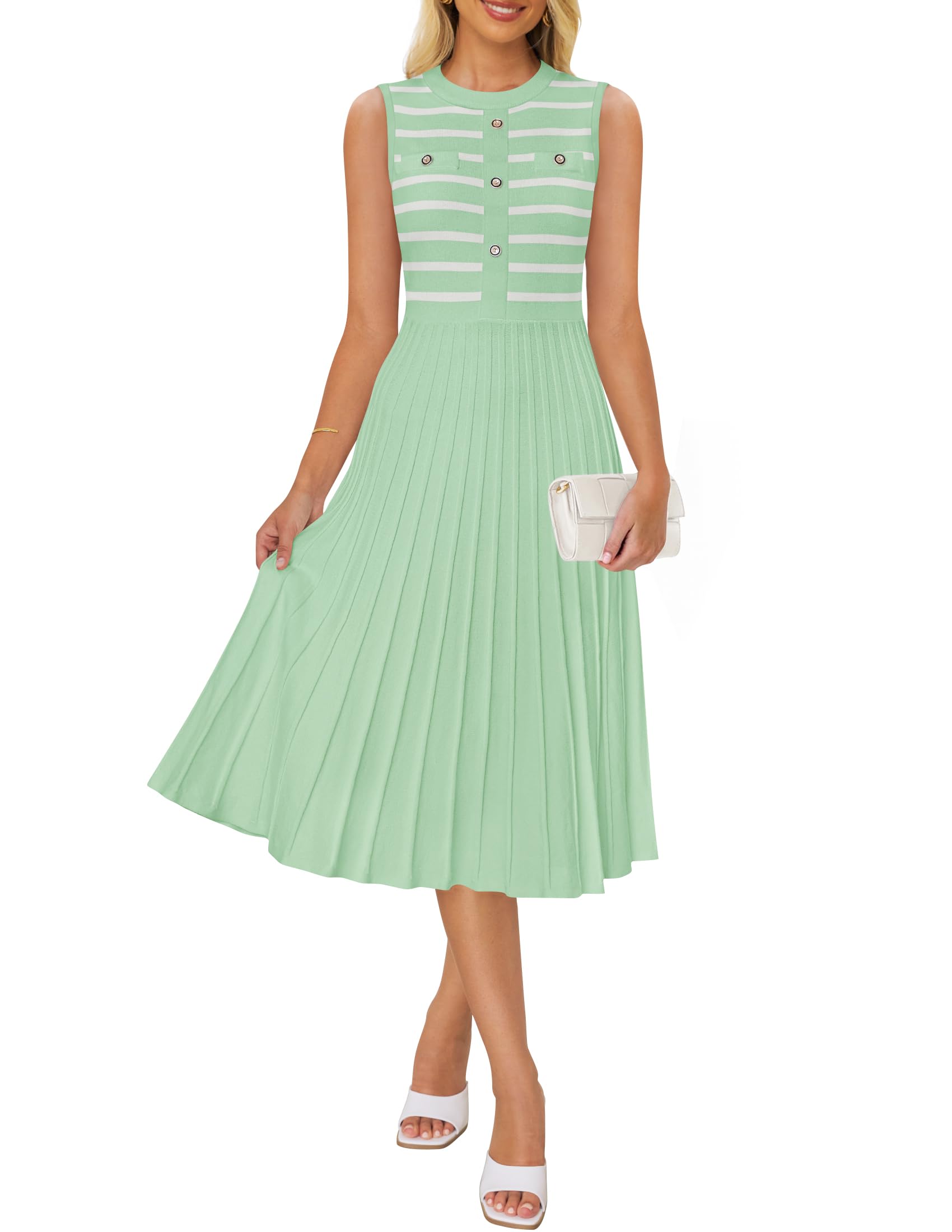 Luxuii Sleeveless Striped Crewneck Button Knit Swing Pleated Midi Dress