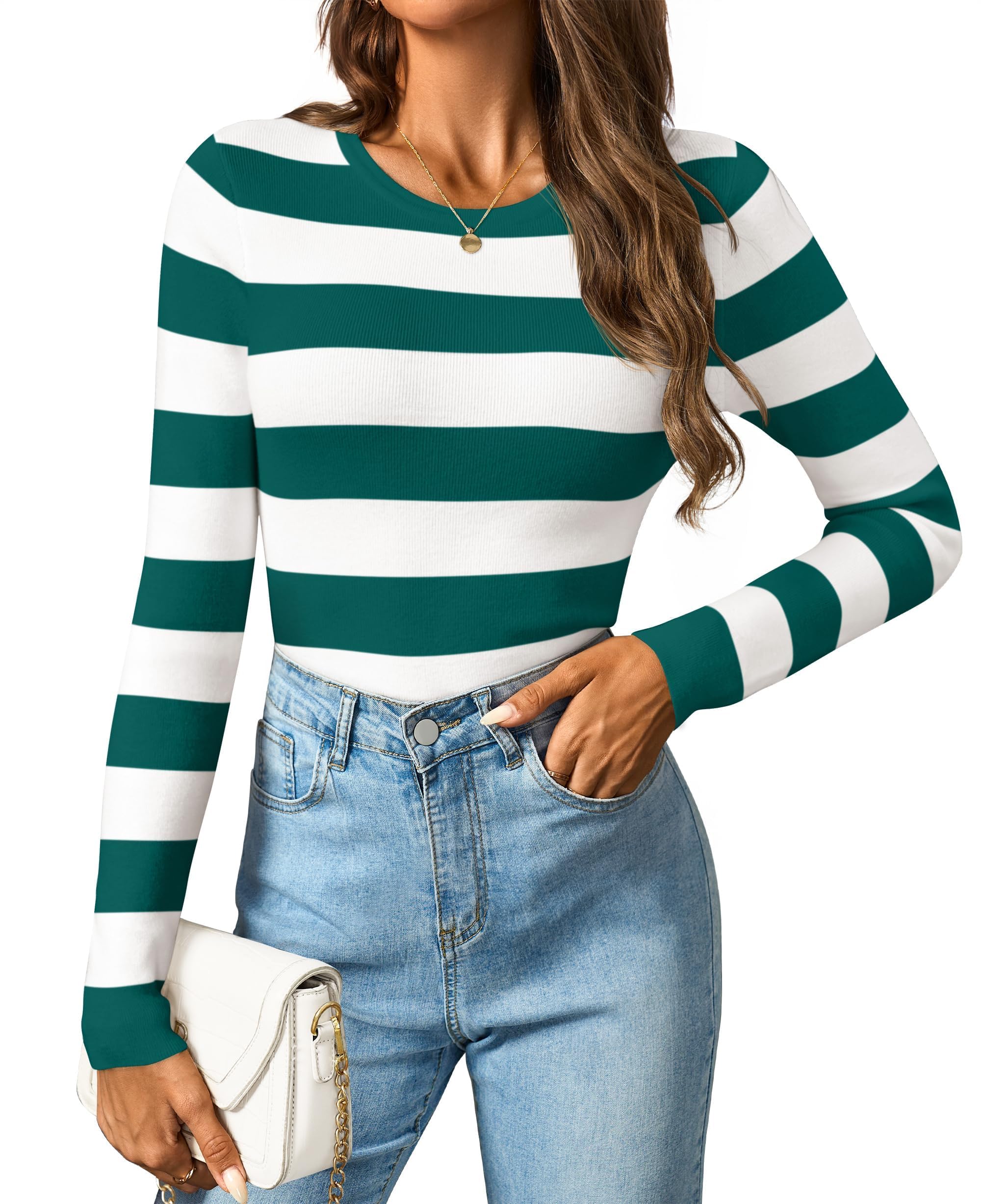 Luxuii Striped Sweaters Crewneck Knit Slim Fit Casual Basic Tops