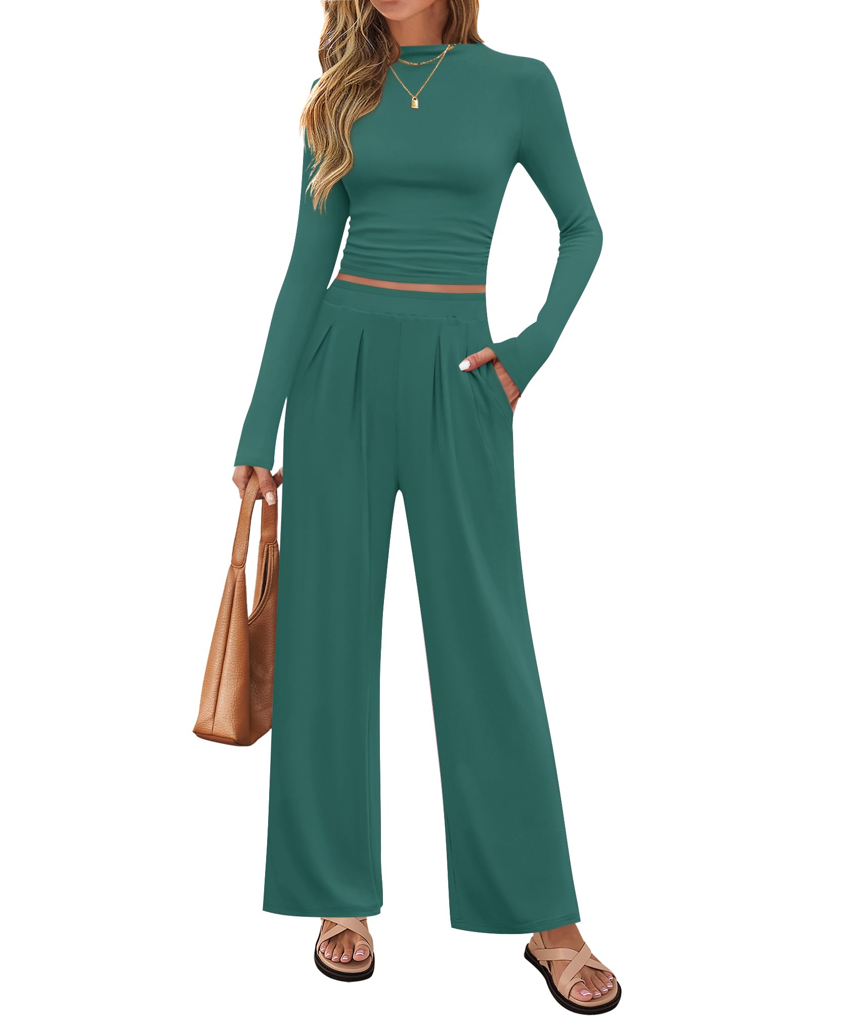 Luxuii Ruched Fitted Crop Top Wide Leg Pants Knit Lounge Sets