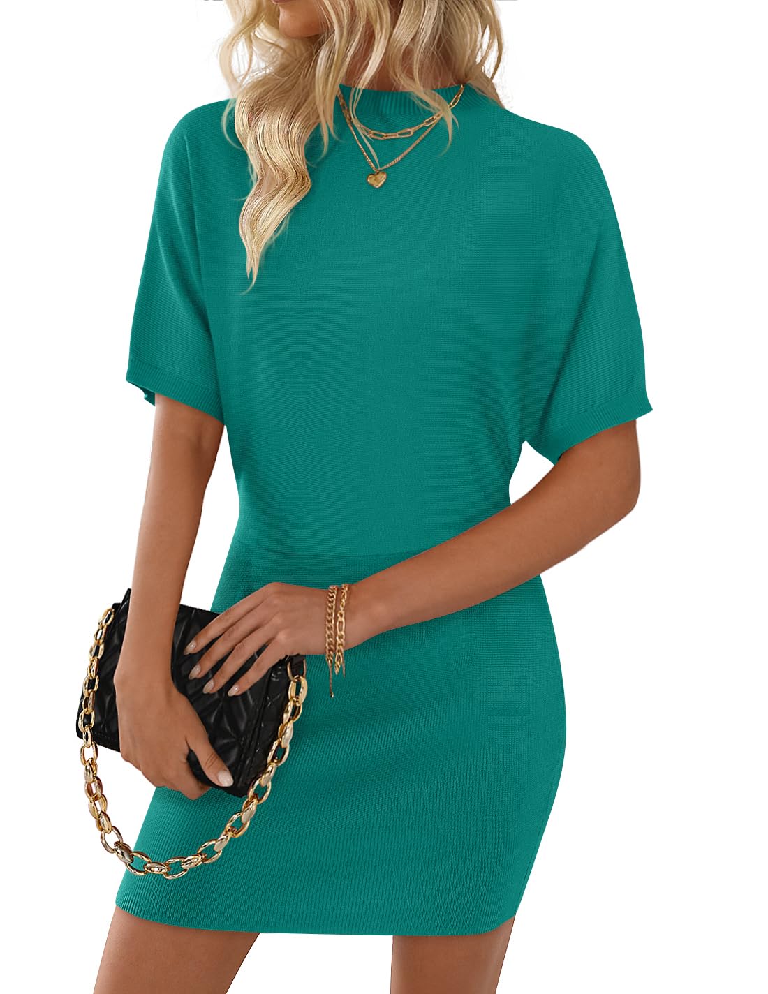 Luxuii Mock Neck Sleeve Slim Fit Ribbed Knit Short Sweater Dresses
