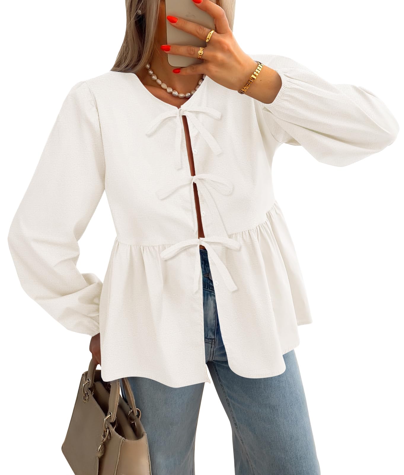 Luxuii Womens Tops Tie Front Long Puff Sleeve Button Peplum Babydoll Cute Shirts