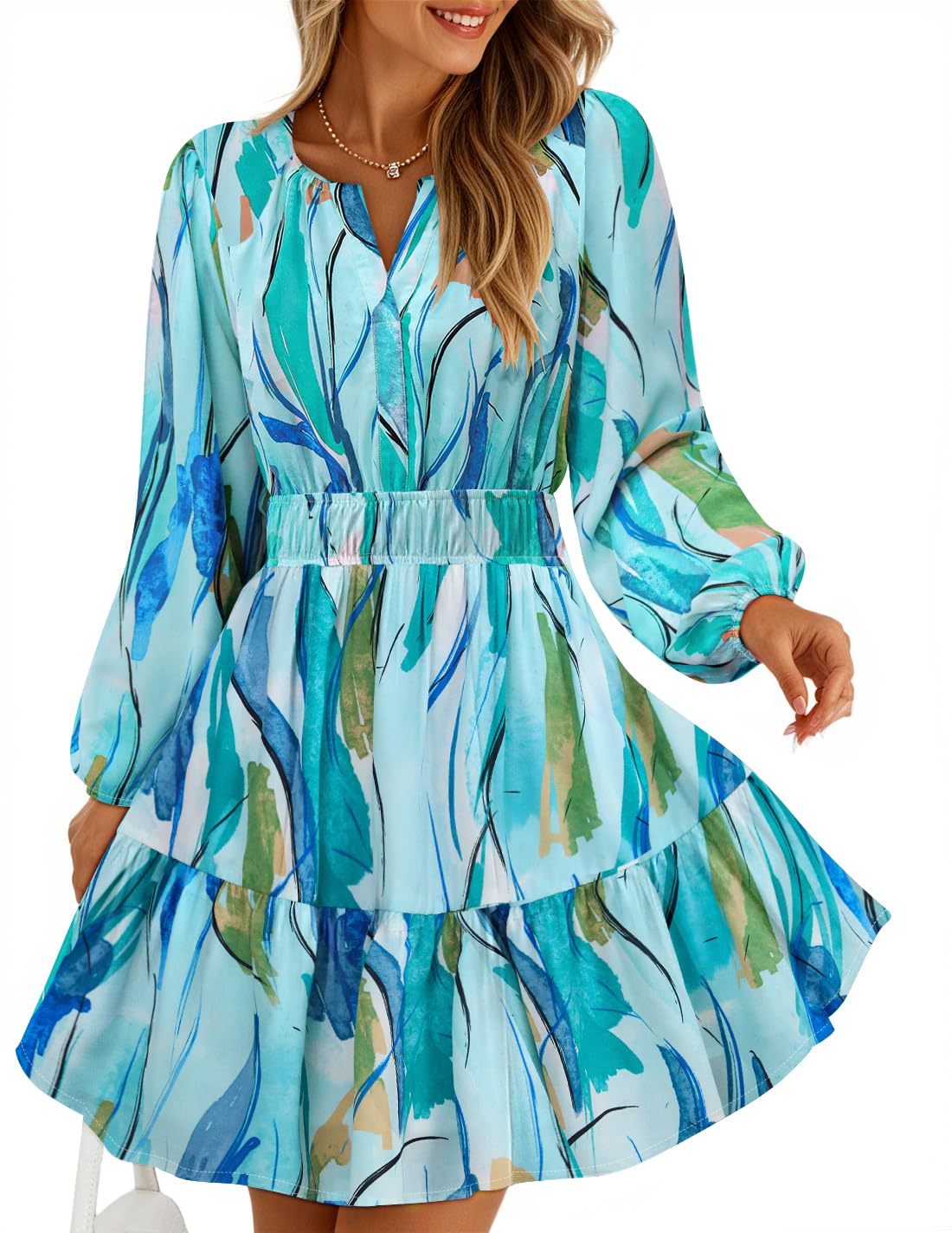 Luxuii Floral V Neck Smocked A Line Flowy Boho Mini Dresses
