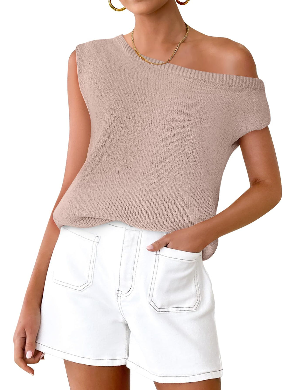 Luxuii Off The Shoulder Knit Short Sleeve Oversized Shirt