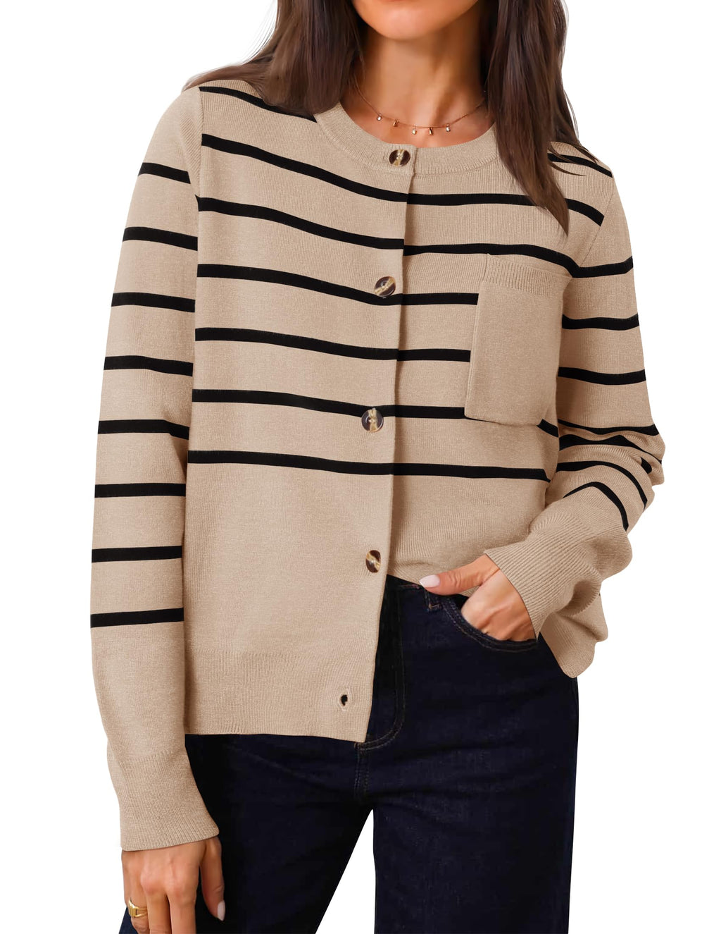 Luxuii Striped Open Front Button Down Knit Outerwear Coat