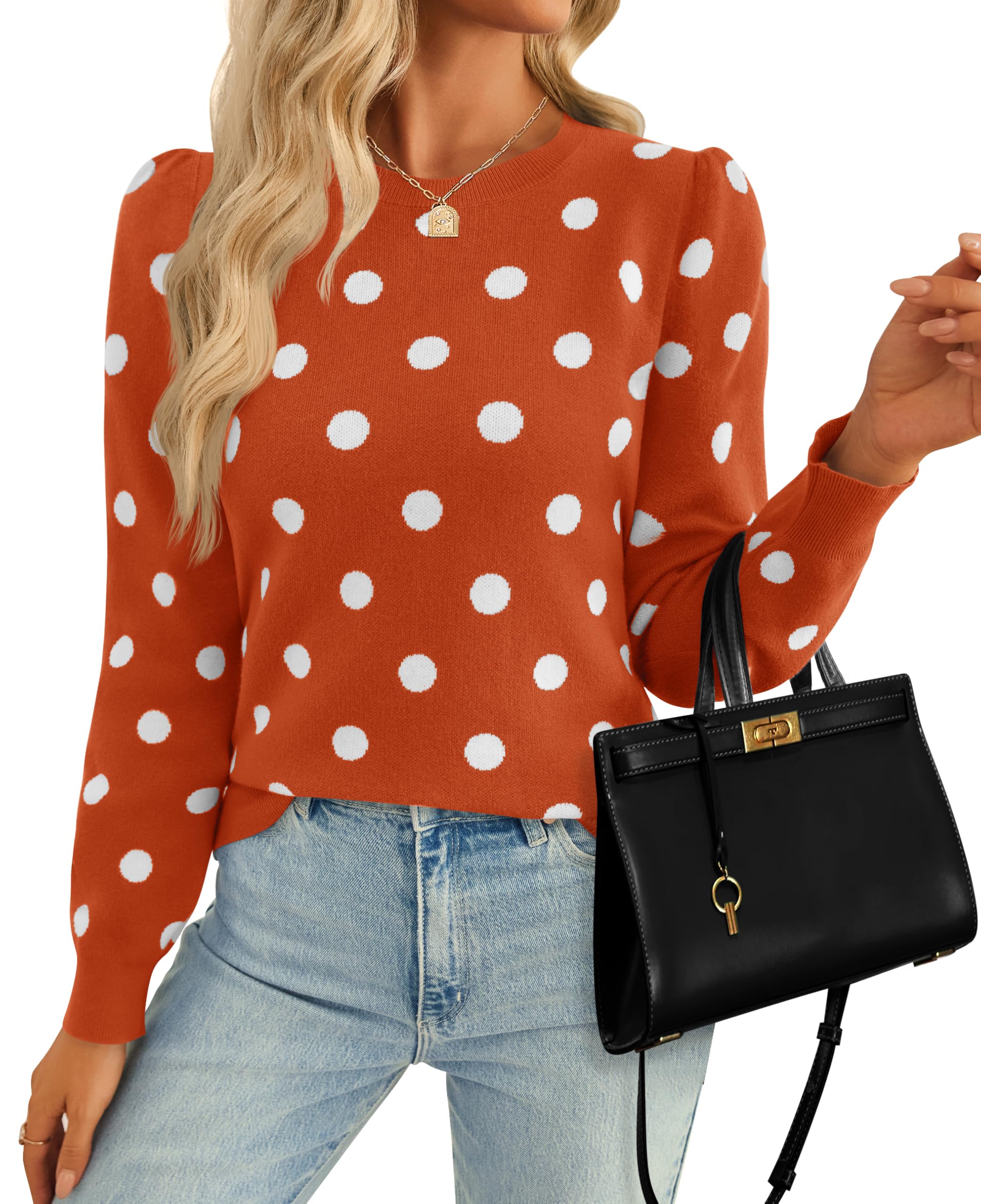Luxuii Crewneck Polka Dots Ribbed Knit Soft Pullover Sweater