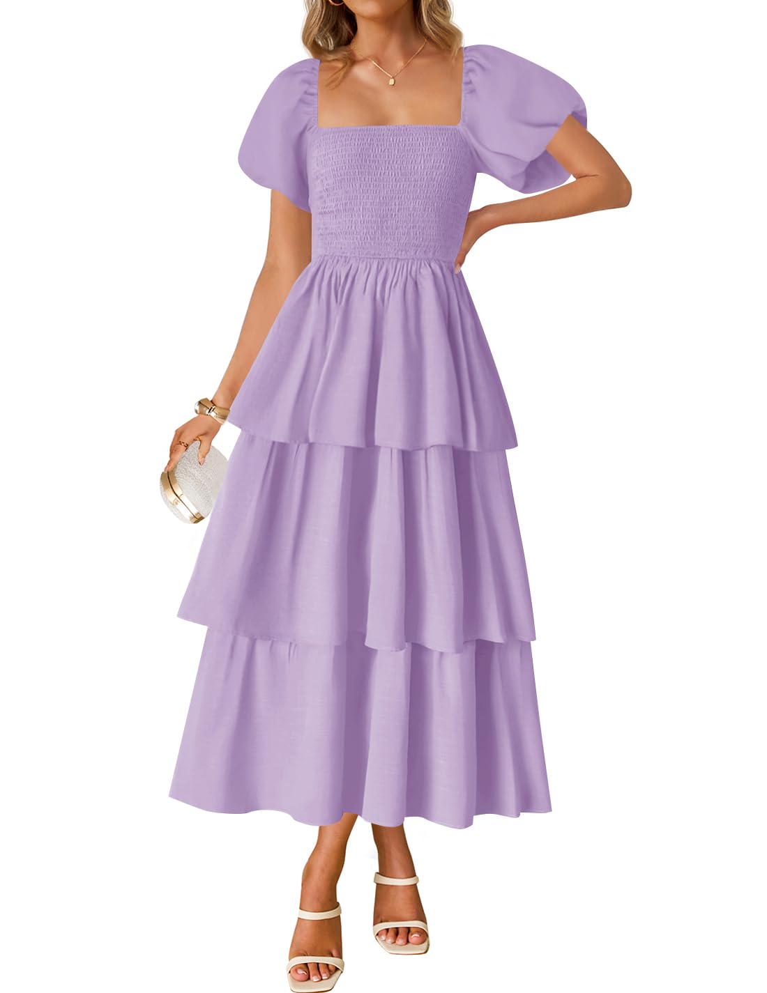 Luxuii Boho Short Puff Sleeve Flowy A Line Tiered Dresses