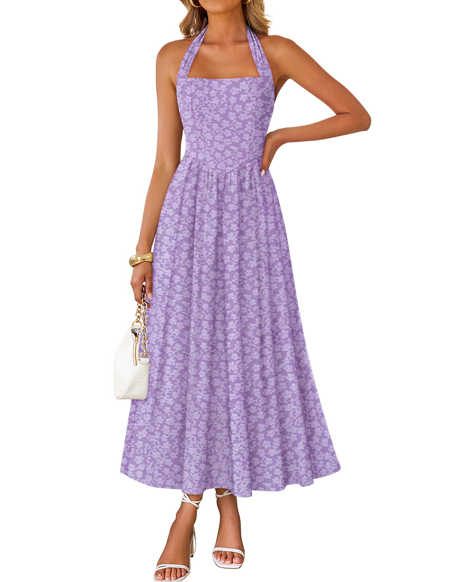 Luxuii Sleeveless Floral Halter Neck Wedding Flowy A Line Long Dress