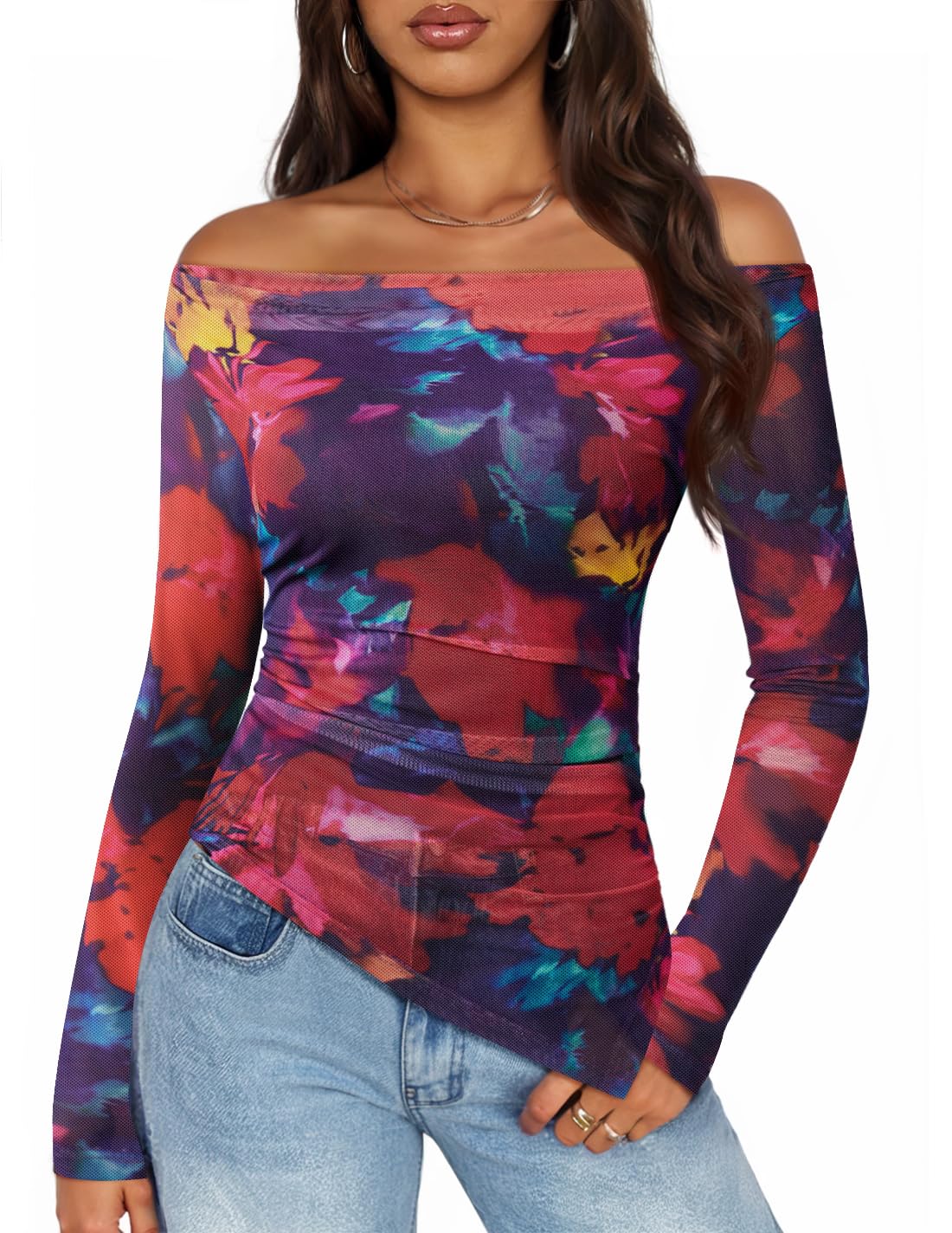 Luxuii Double Lined Sexy Long Sleeve Going Out Tops Floral Mesh Shirts