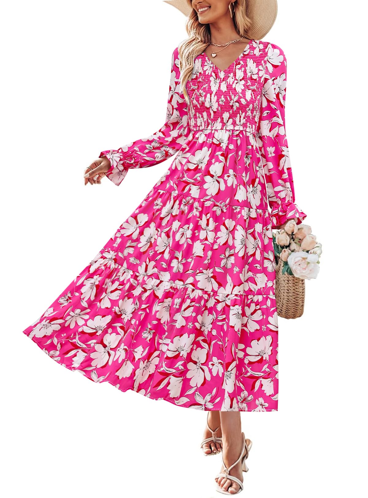 Luxuii Floral Boho V Neck A-Line Flowy Wedding Guest Dresses