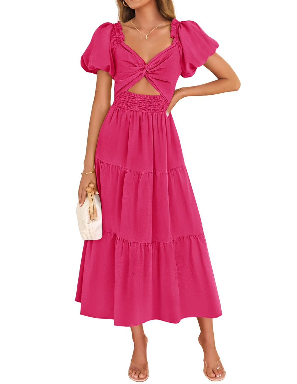 Luxuii Smocked Short Puff Sleeve Twist Knot Cutout Flowy Dresses