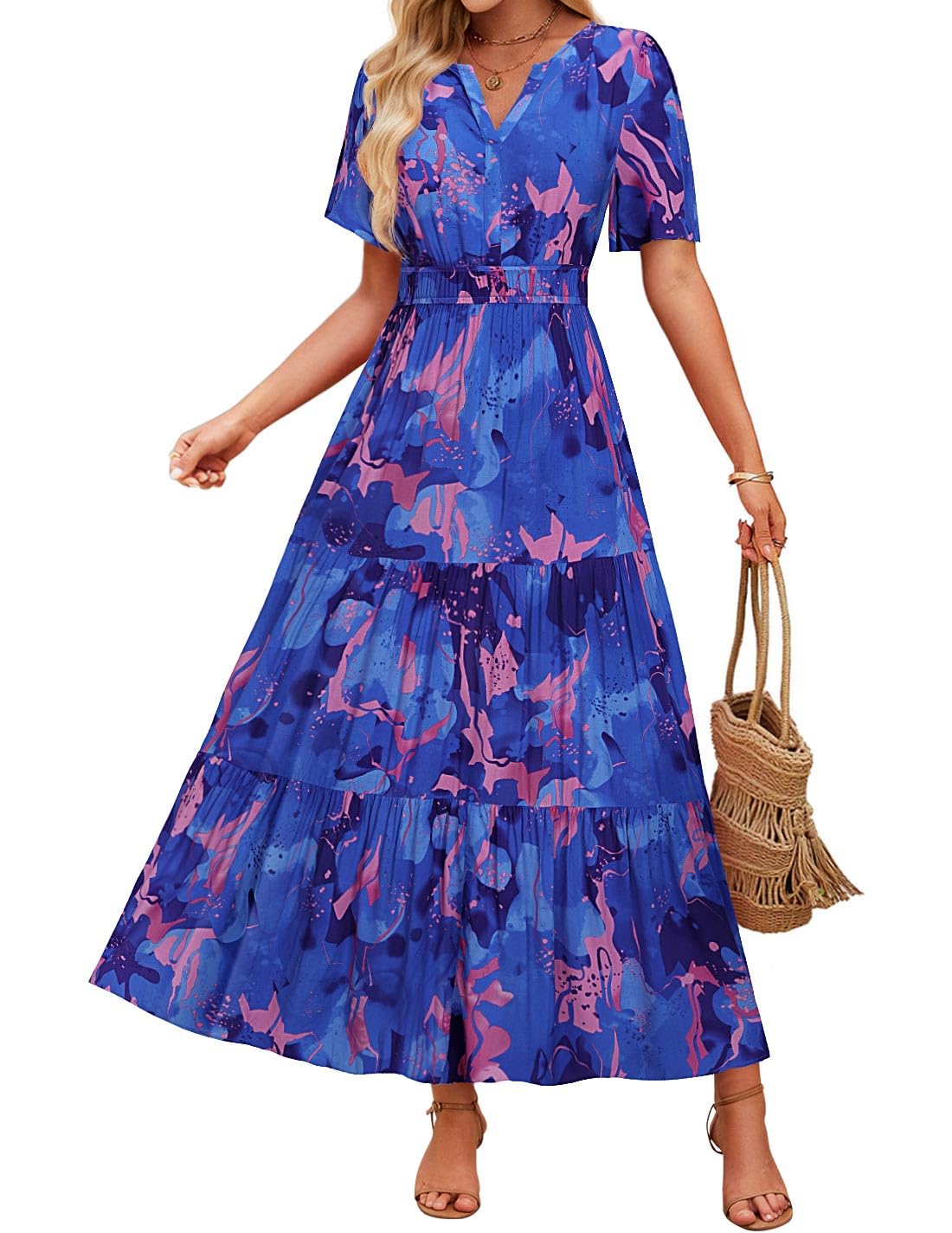 Luxuii Floral Print Short Sleeve V Neck High Waist Boho Dress