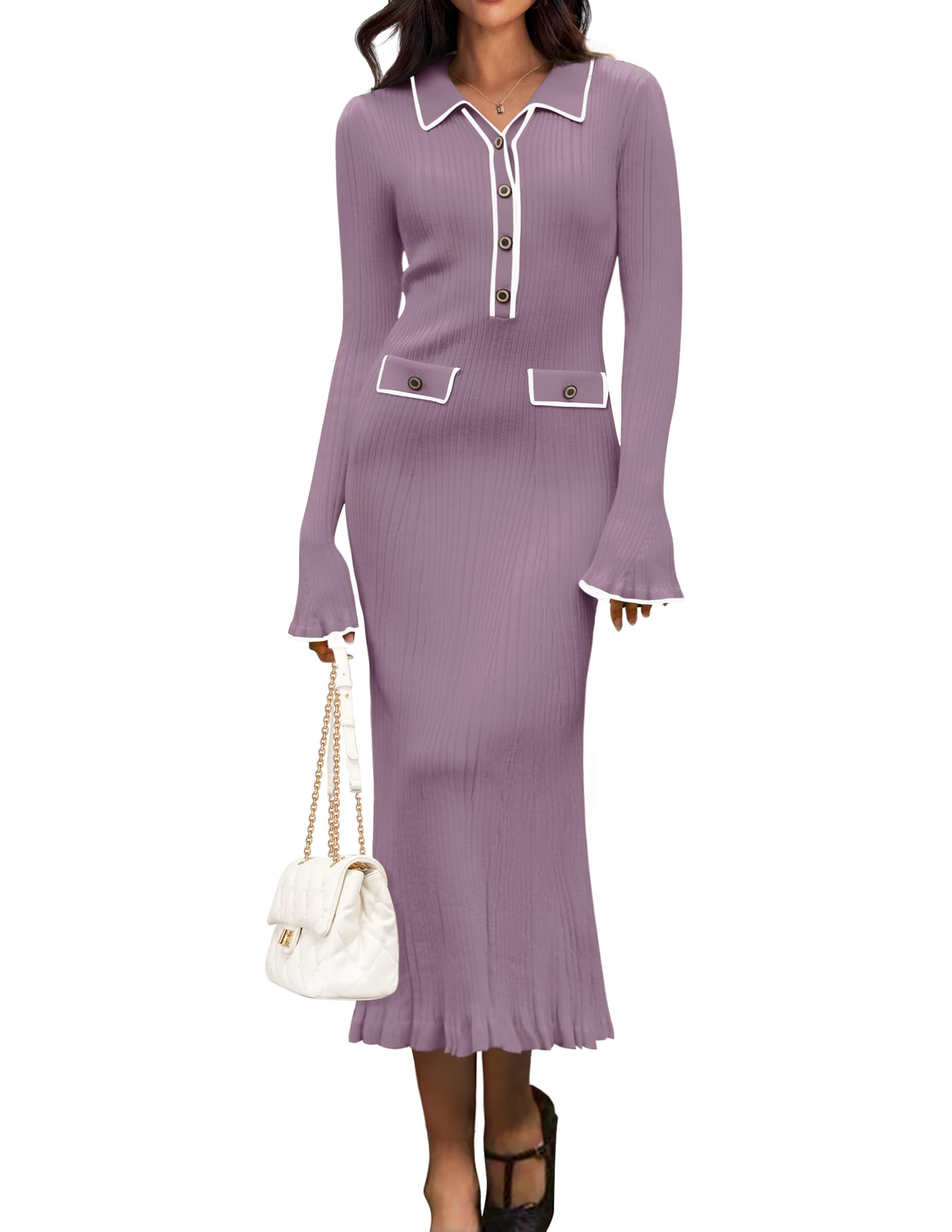Luxuii Ribbed Button V Neck Elegant Trendy Ruffle Midi Dresses
