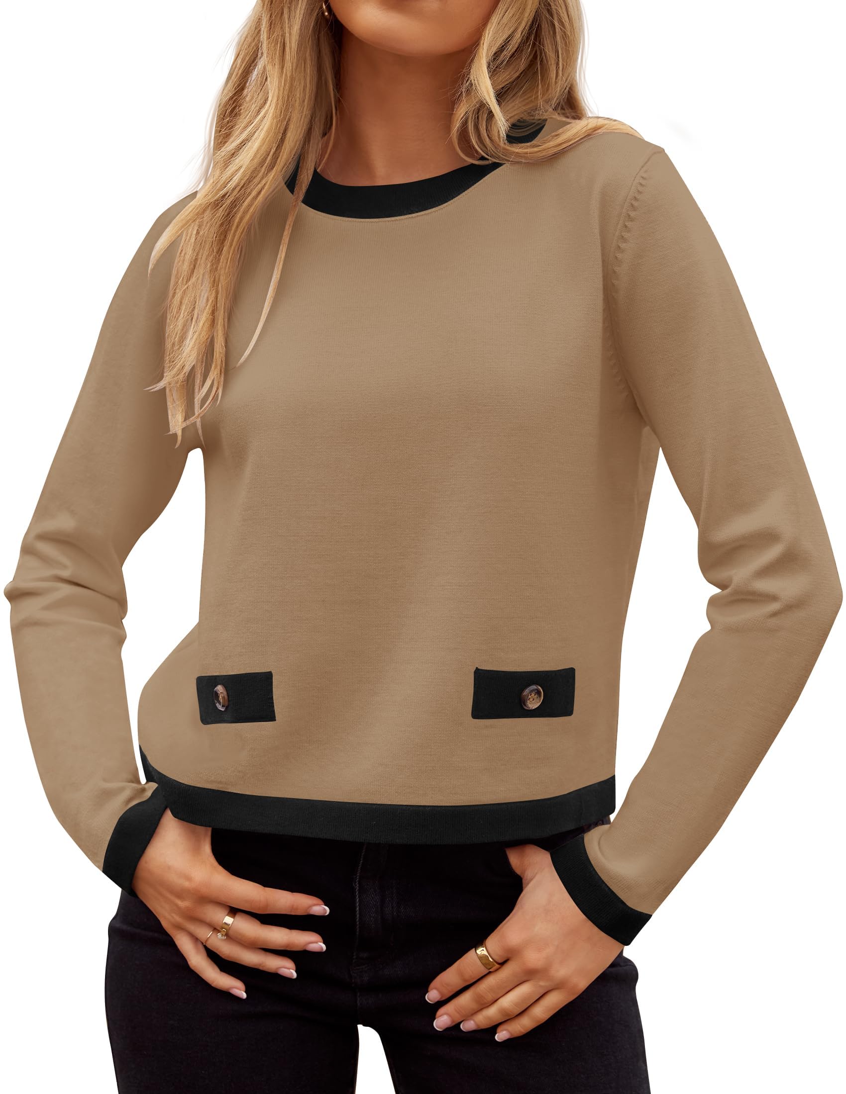 Luxuii Fall Crewneck Knit Color Block Lightweight Tops