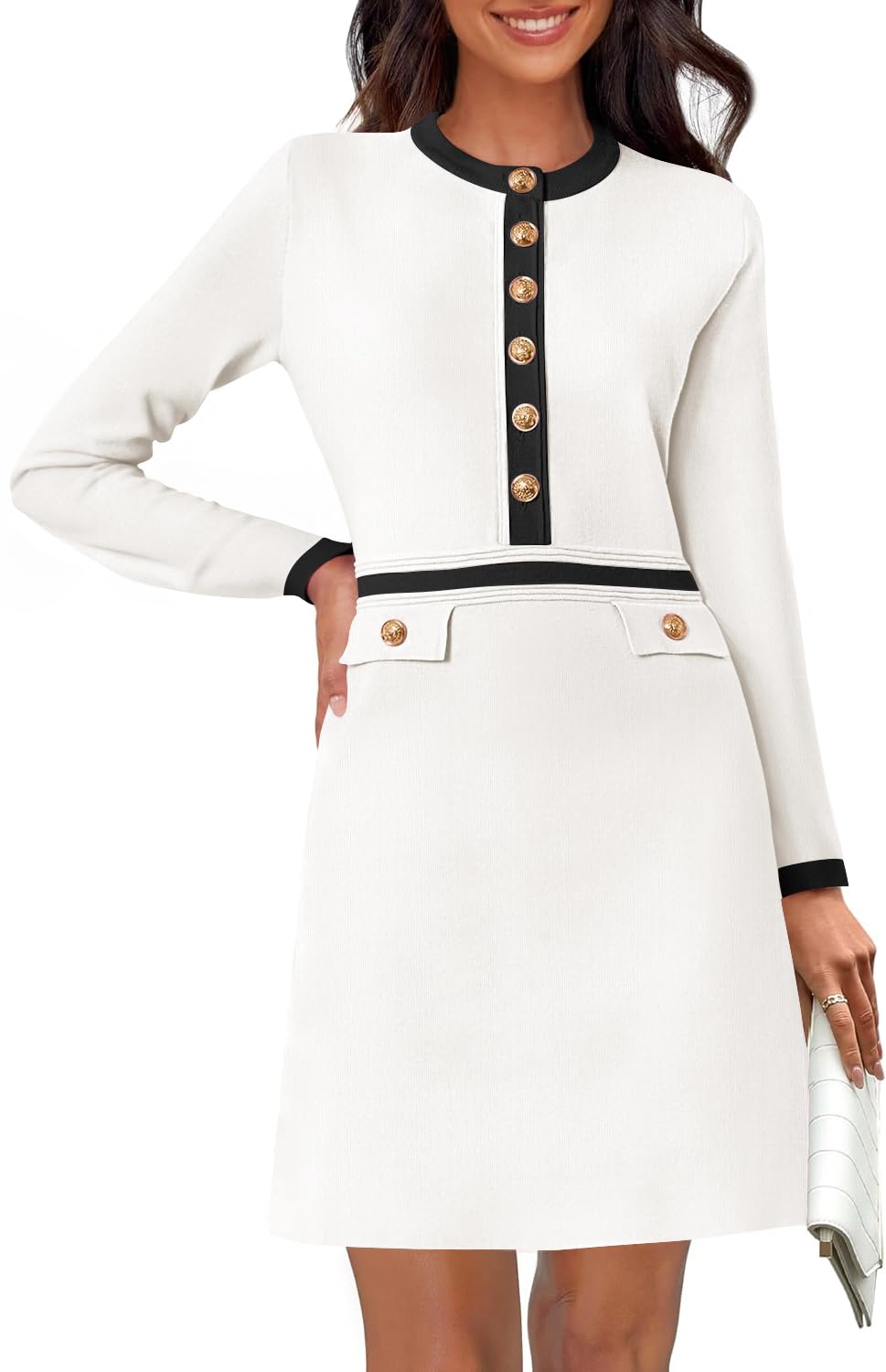 Luxuii Crewneck Button Knit Color Block Party Mini Dresses
