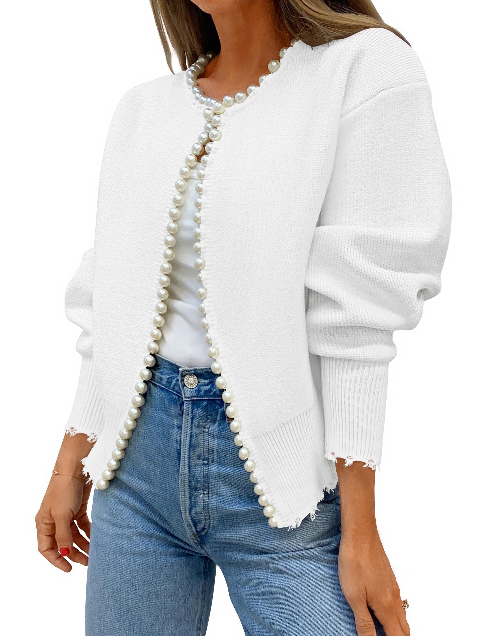 Luxuii Open Front Casual Knitted Long Sleeve Pearls Trim Coat