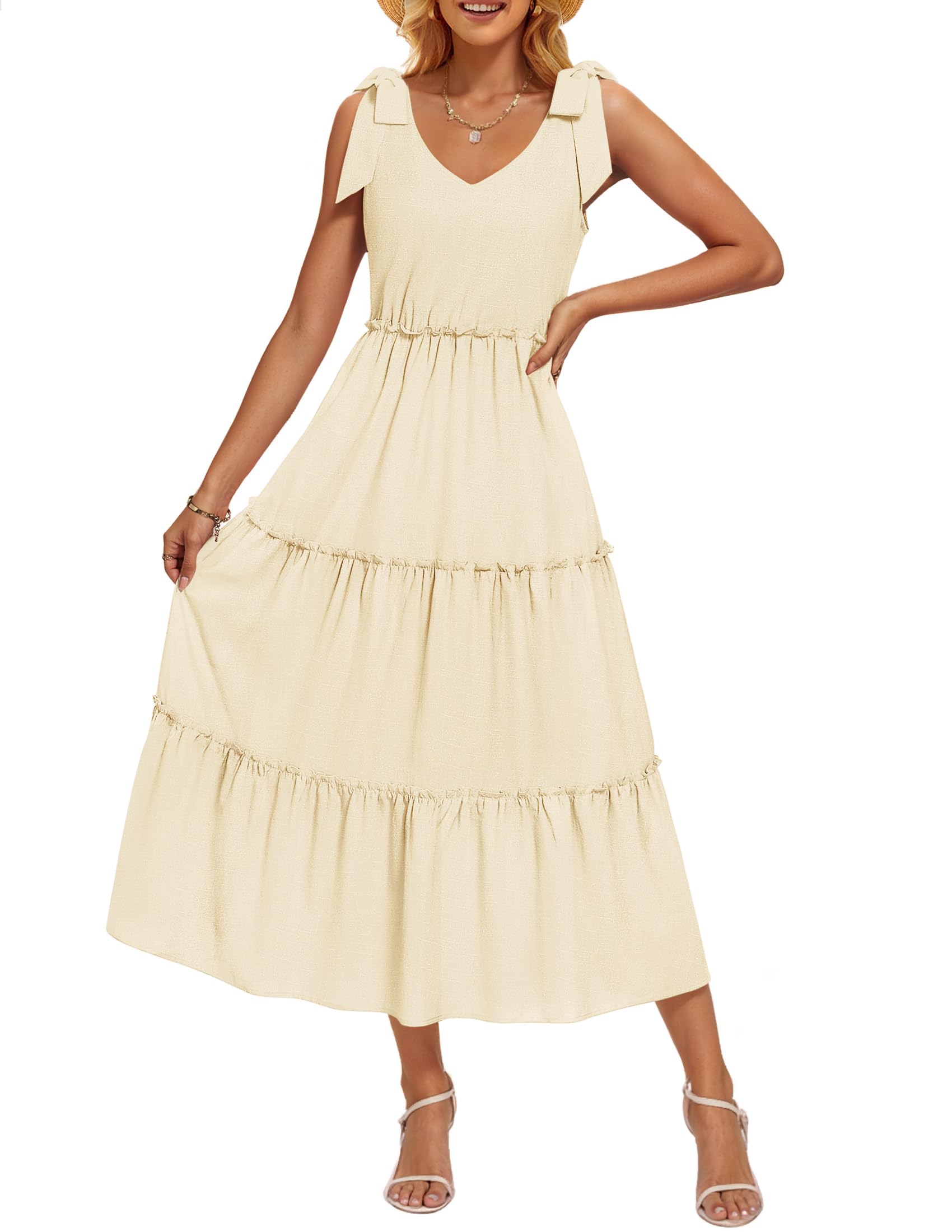 Luxuii Tie Shoulder Flowy Tiered A Line Beach Long Sundress