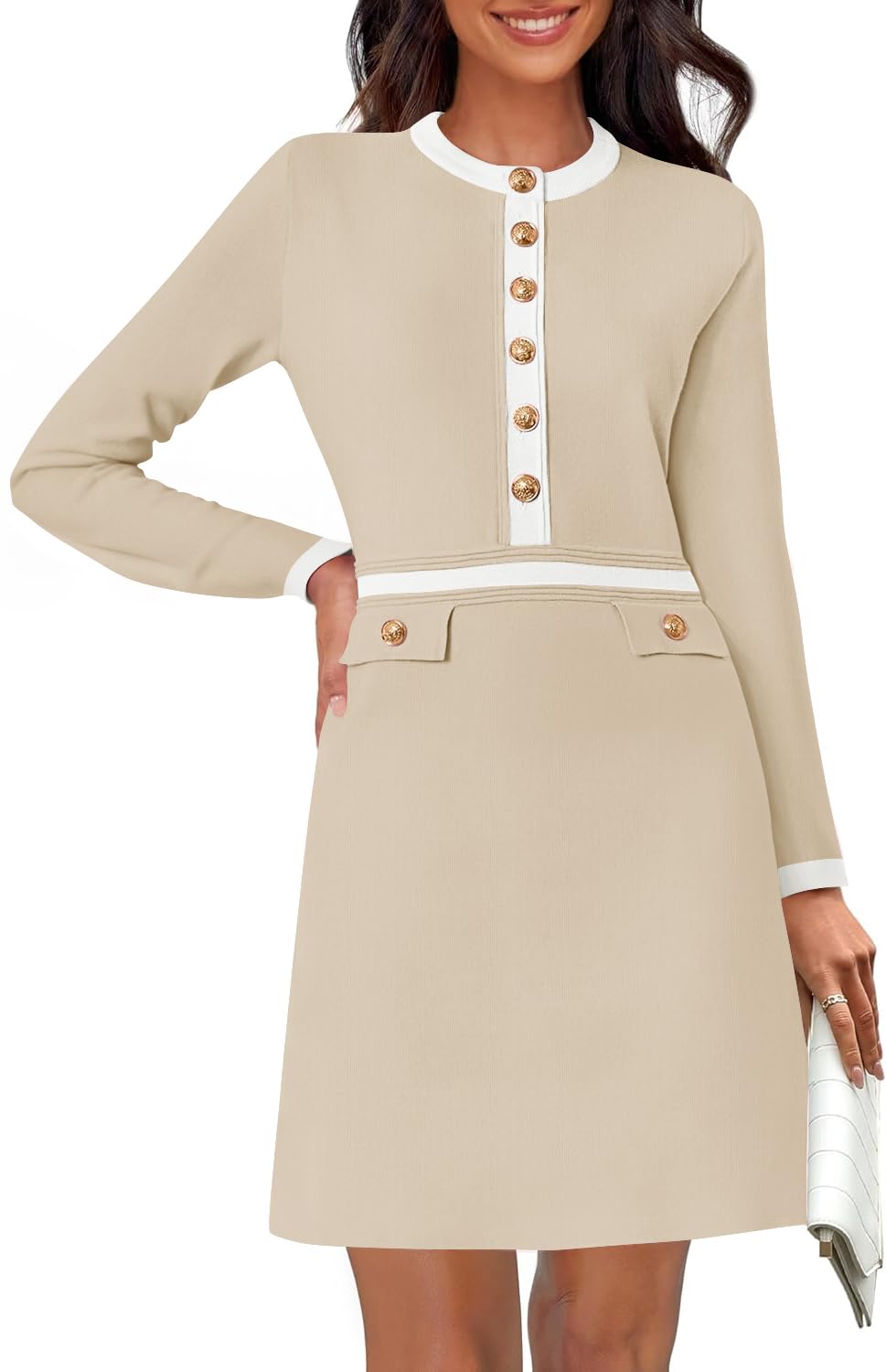 Luxuii Crewneck Button Knit Color Block Party Mini Dresses