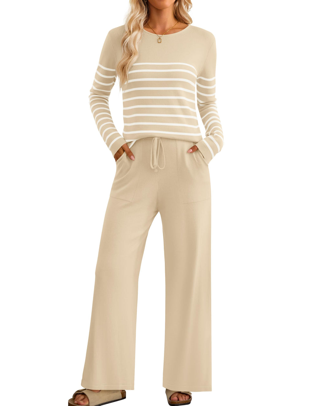 Luxuii Striped Knit Fitted Tops Wide Leg Pants Pajama Sets