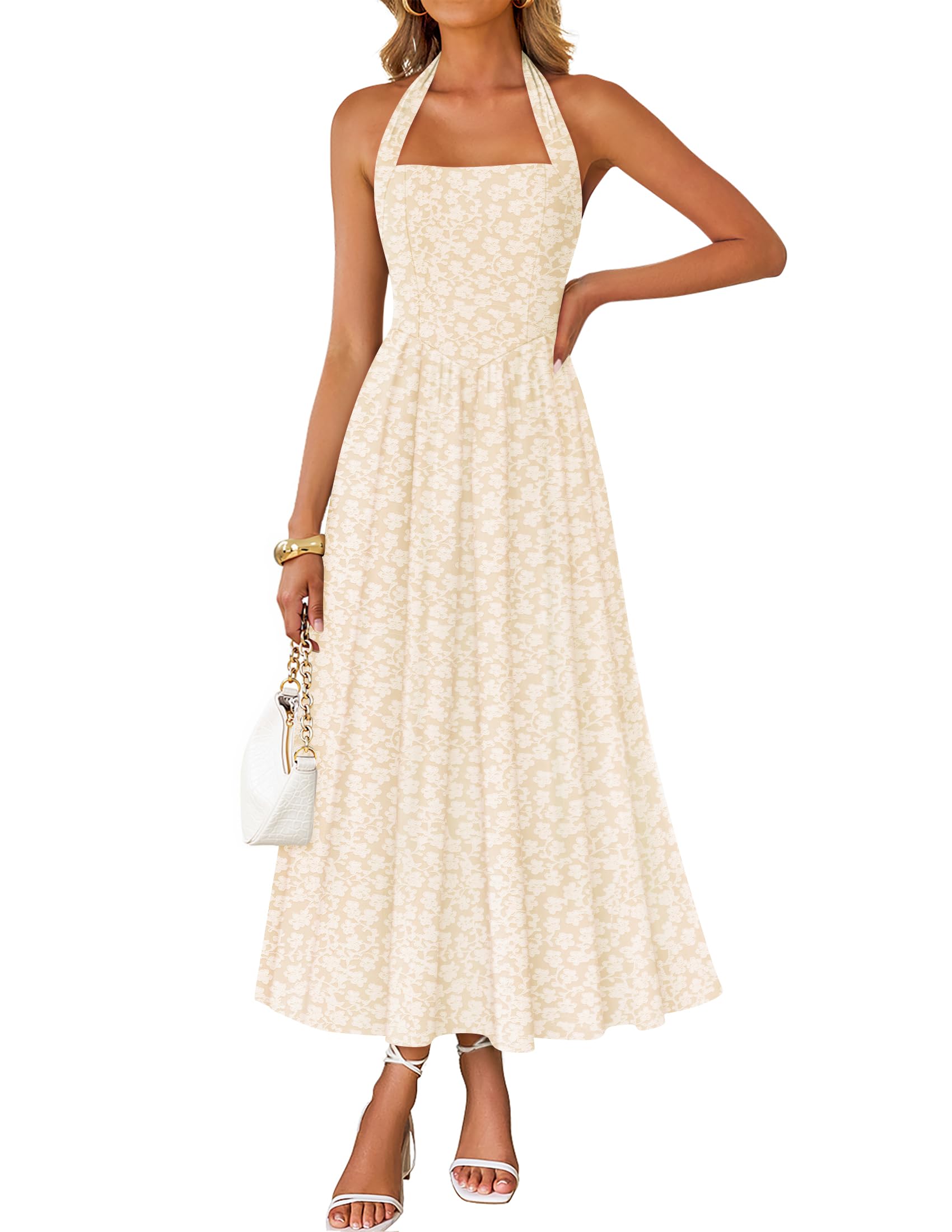 Luxuii Sleeveless Floral Halter Neck Wedding Flowy A Line Long Dress