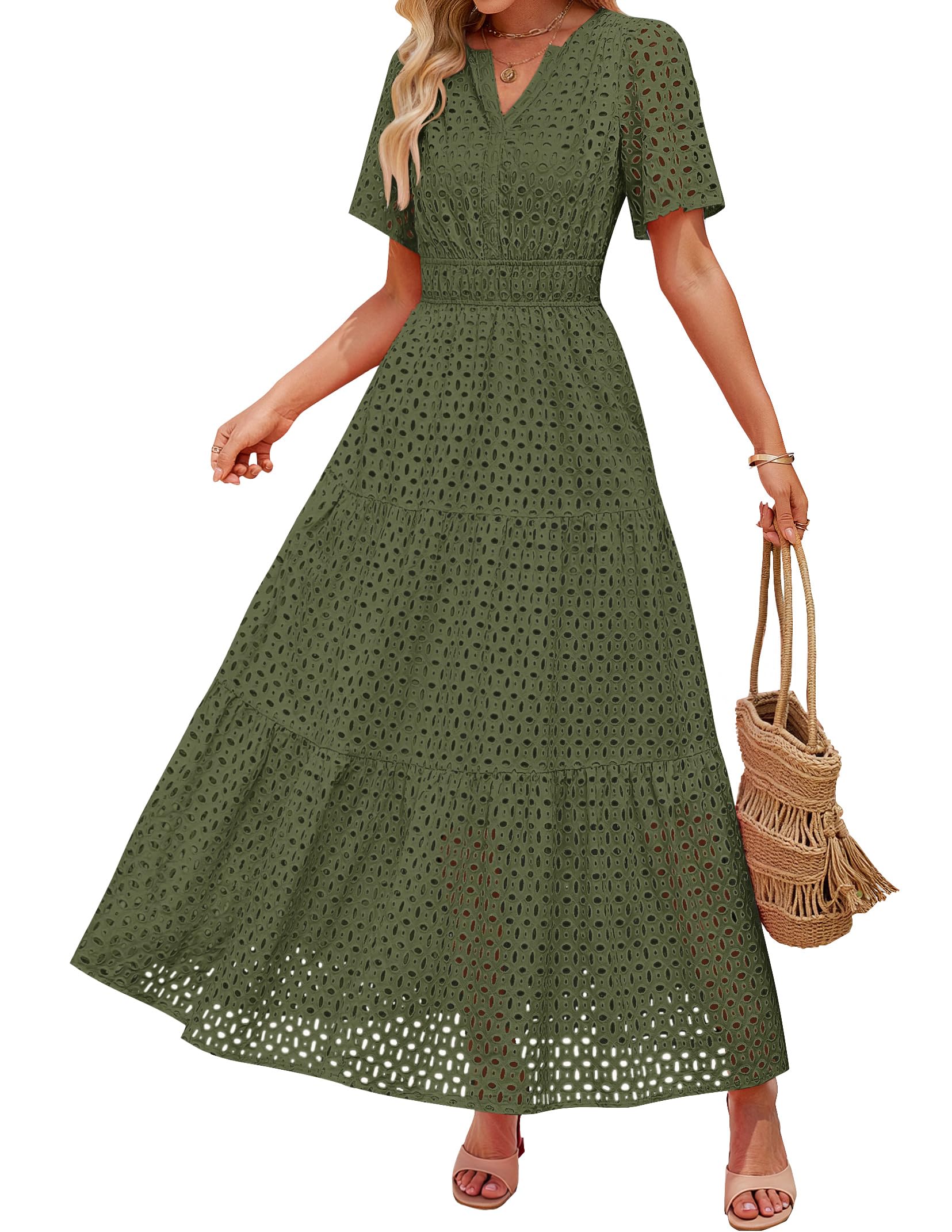 Luxuii V Neck Hollow Out Eyelet Ruffle Swing A Line Long Dresses
