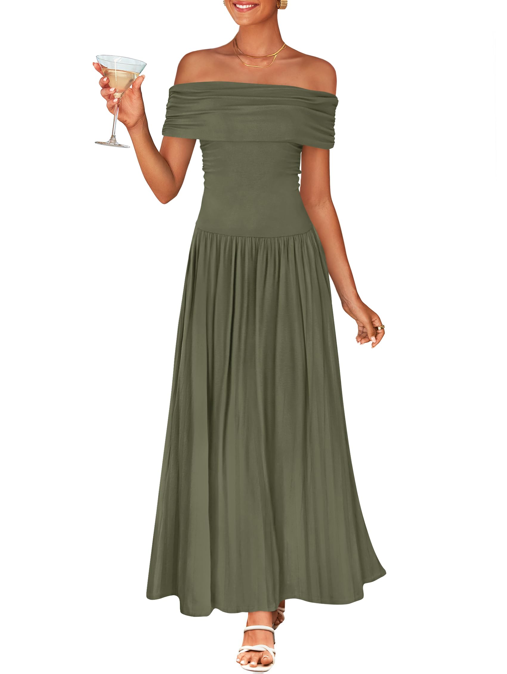 Luxuii Off The Shoulder Sleeveless Casual Slim Swing Pleated Dresses