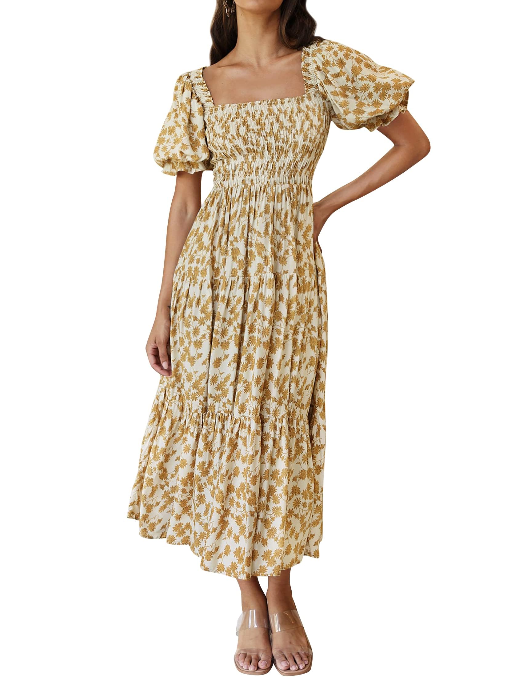 Luxuii Floral Print Square Neck Ruffle Swing Beach Dress