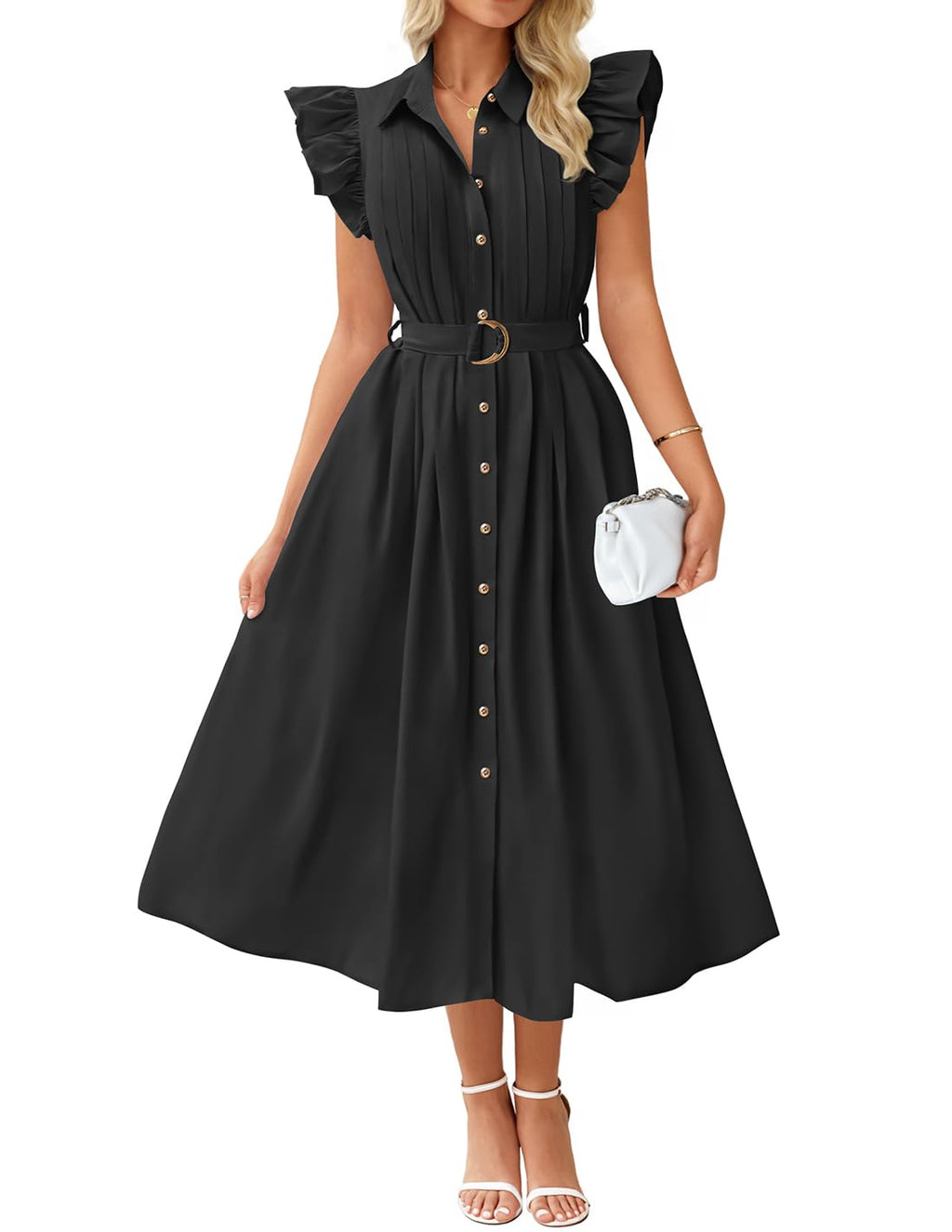 Luxuii Boho Button Casual V Neck Flutter Sleeve Belted Long Dresses