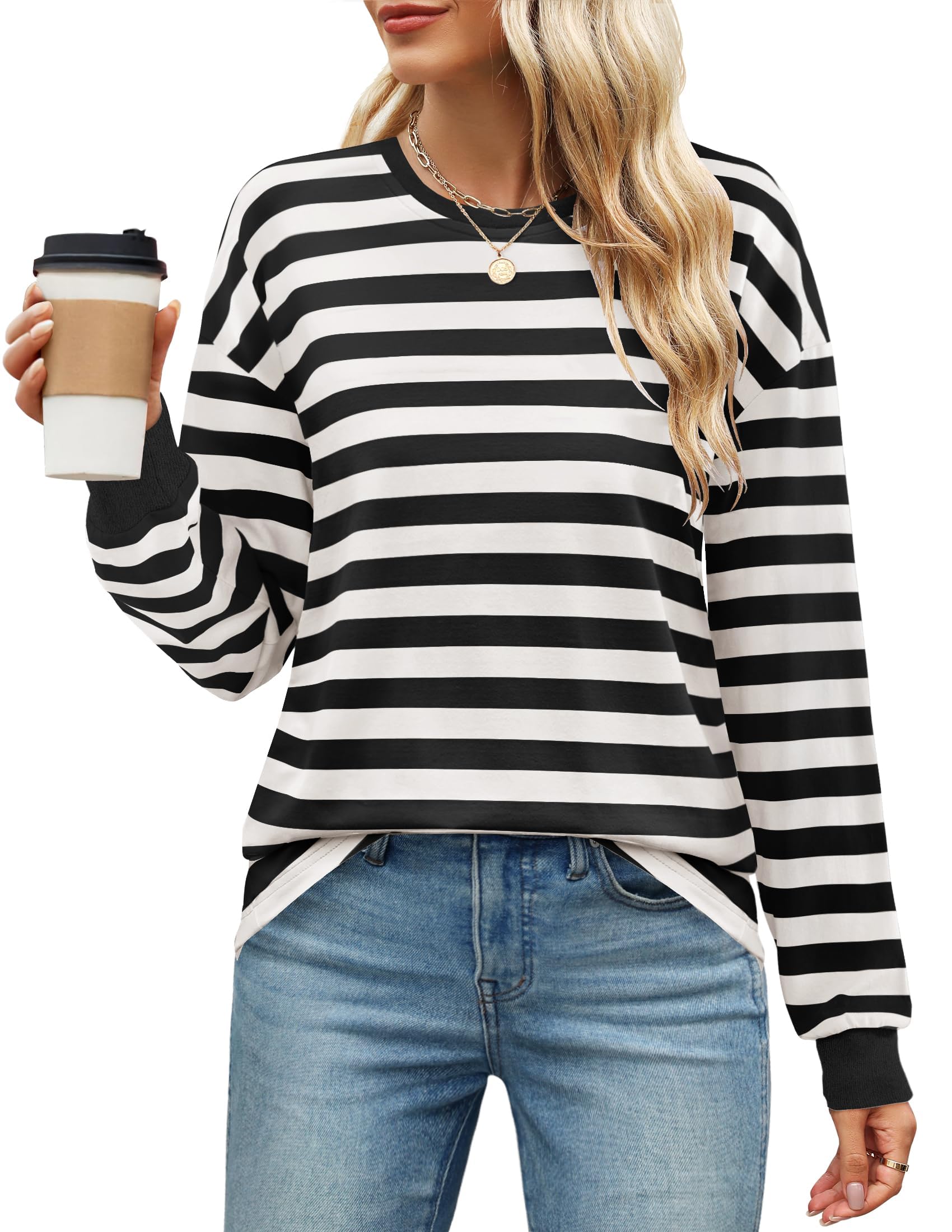 Luxuii Striped Shirts Fall Crewneck Casual Loose Fit Tunic Tops
