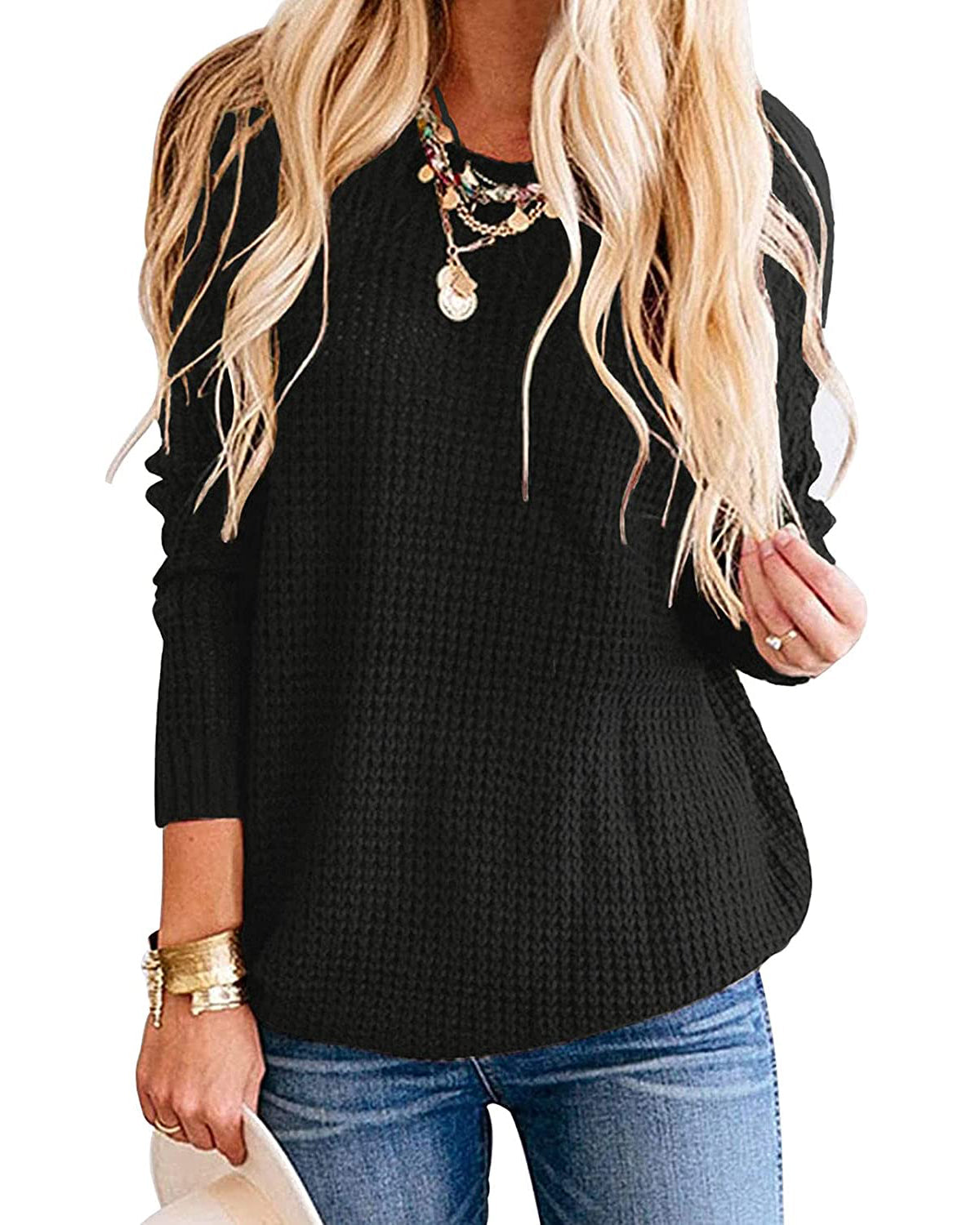Luxuii Waffle Knit Loose Pullover Tops