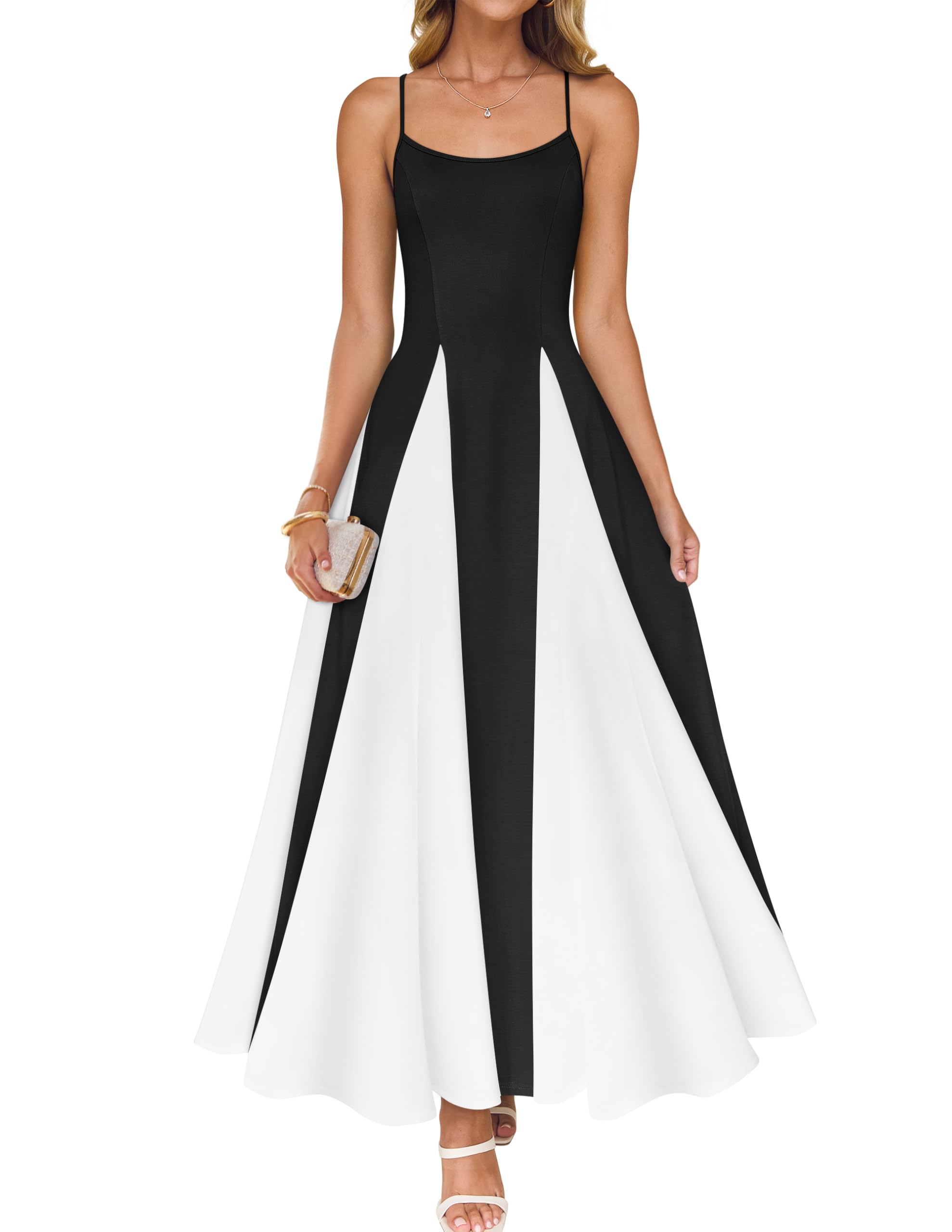 Luxuii Spaghetti Strap Sleeveless Color Block A Line Flowy Dresses