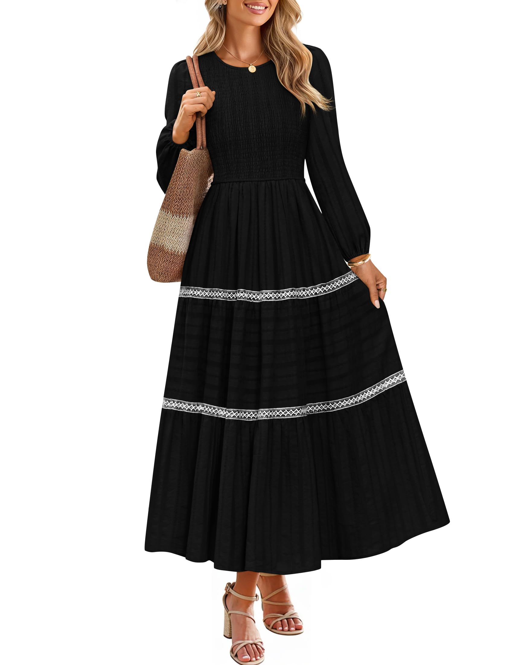 Luxuii Crewneck Smocked A Line Tiered Flowy Wedding Long Dress