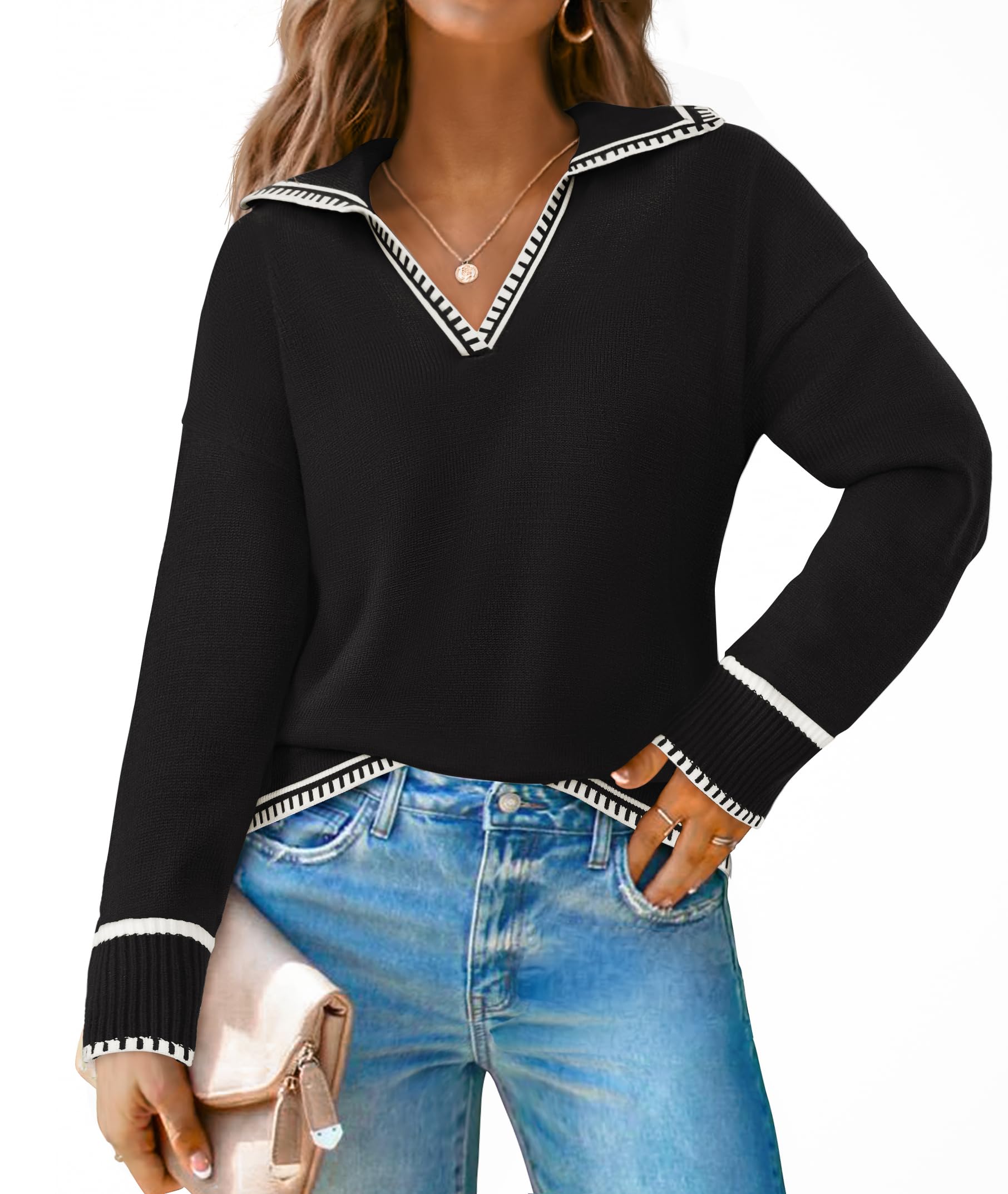 Luxuii V Neck Sweaters Collar Knit Pullover Jumper Tops