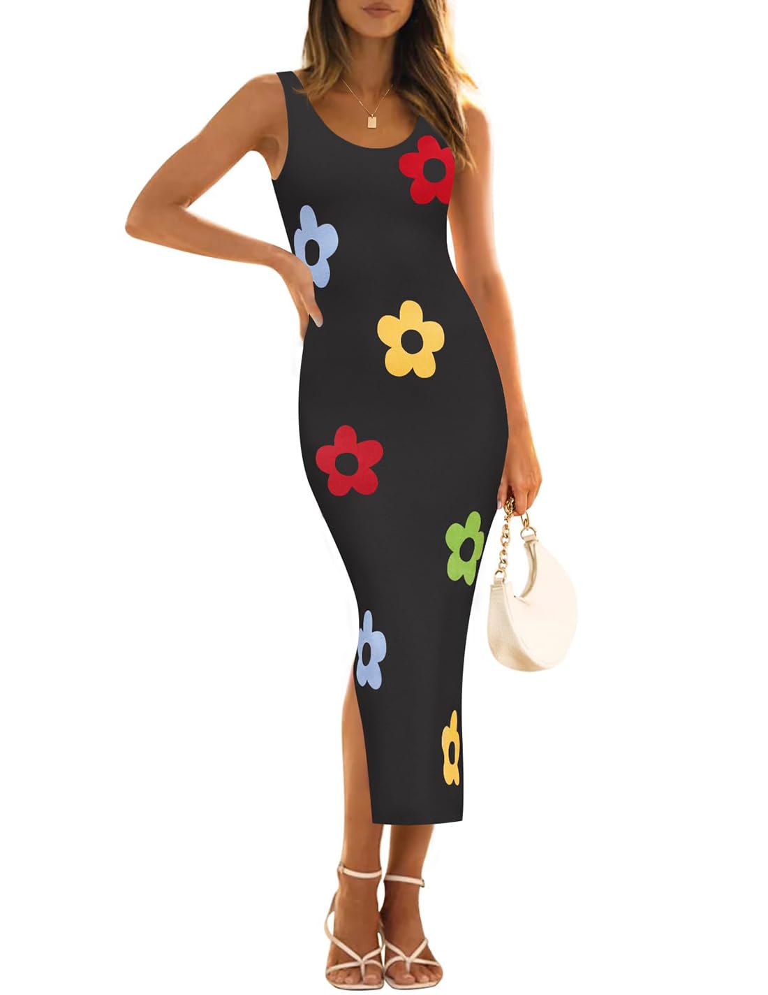 Luxuii Knit Bodycon Sleeveless Floral Crewneck Color Block Dresses
