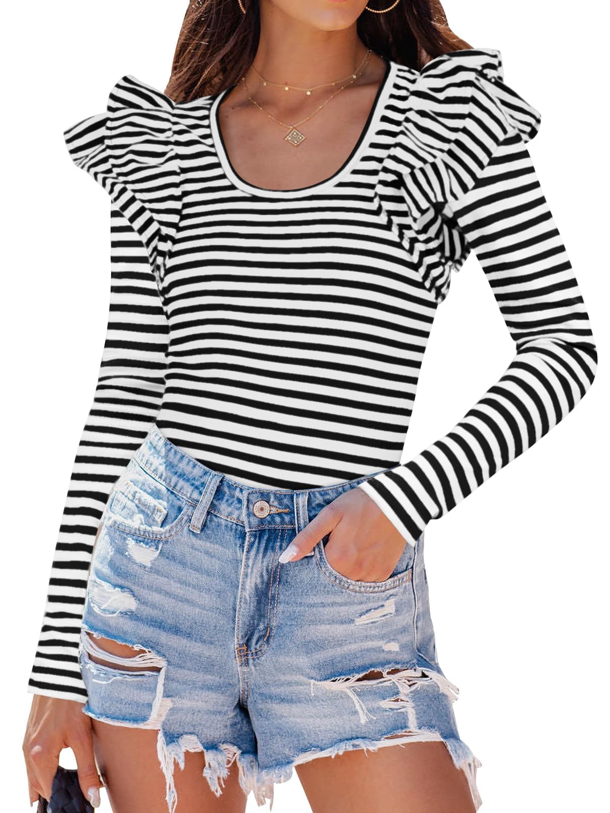 Luxuii Neck Shirt Striped Slim Fitted Casual Basic Tee Tops