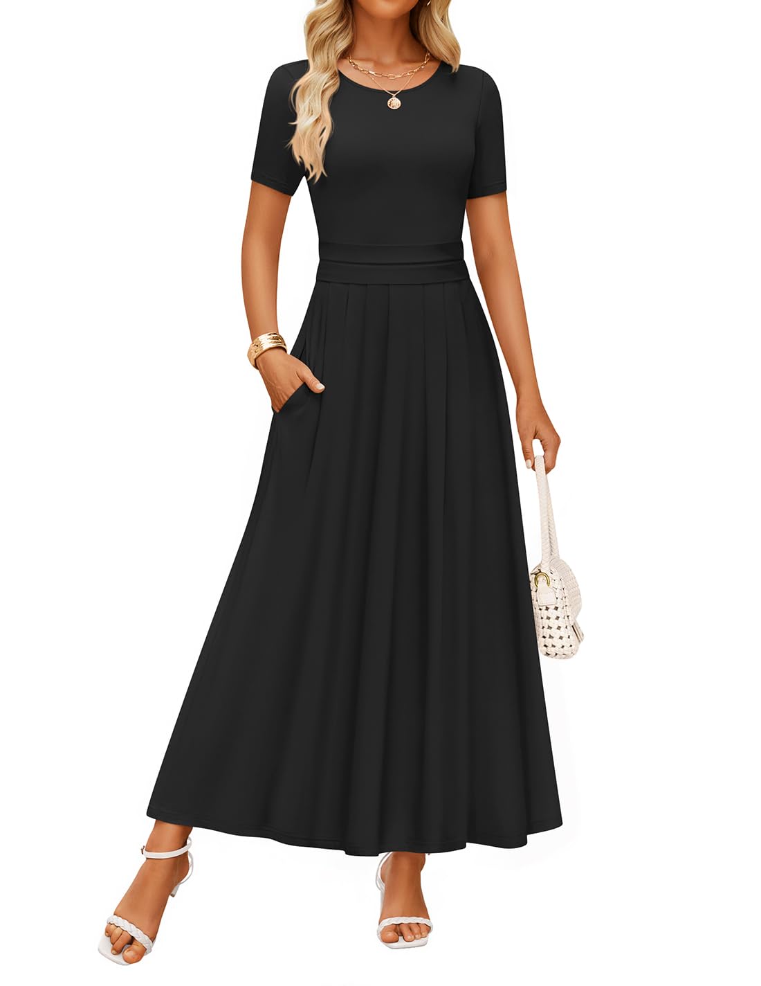 Luxuii Short Sleeve Crewneck Pleated A Line Flowy Long Dresses