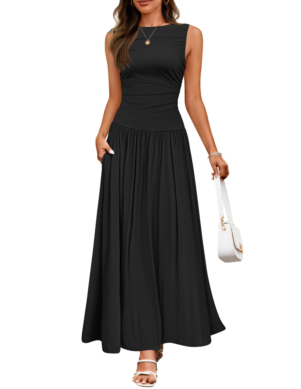 Luxuii Casual Crewneck Pleated Flowy Long Dress with Pockets