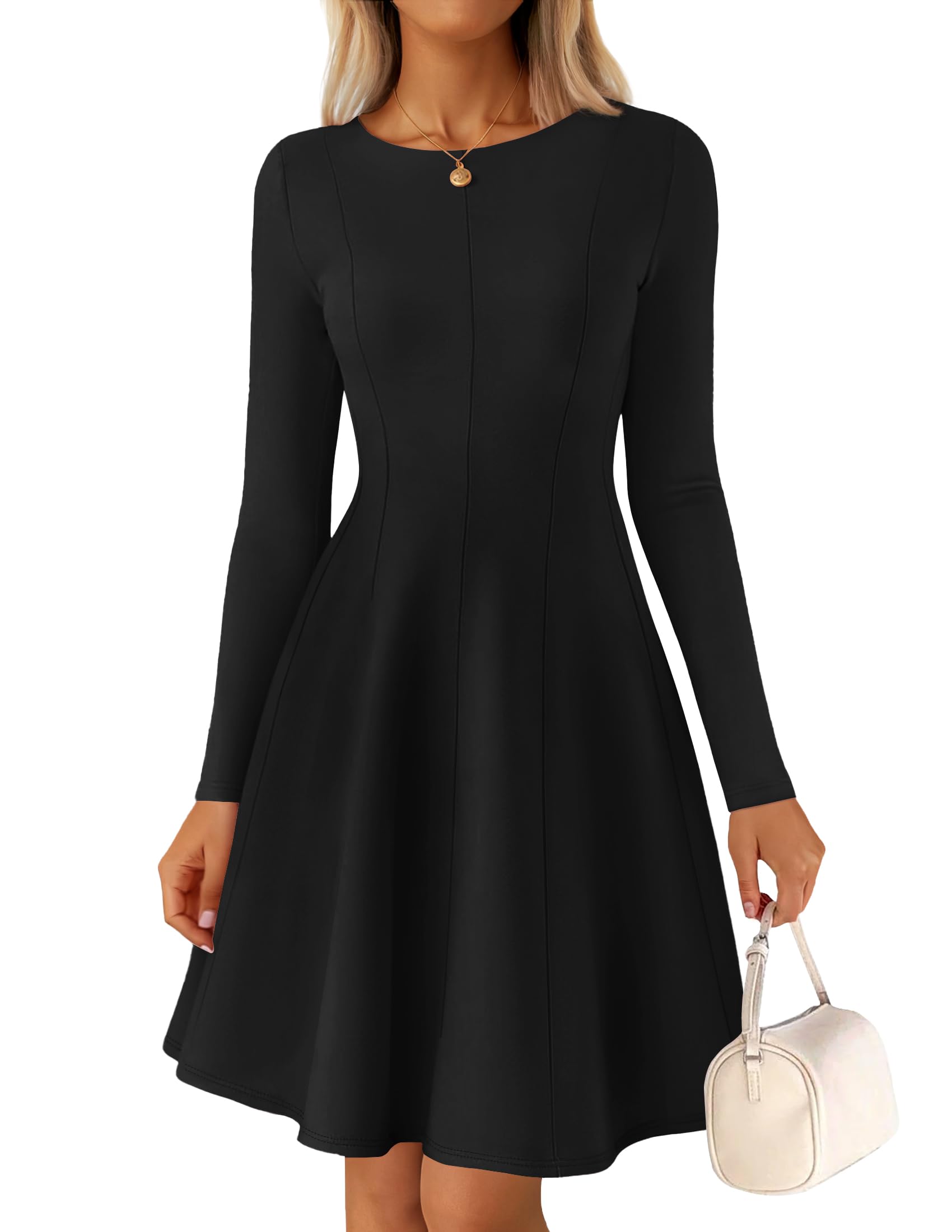Luxuii Fall Crewneck Pleated Babydoll A Line Flowy Dresses