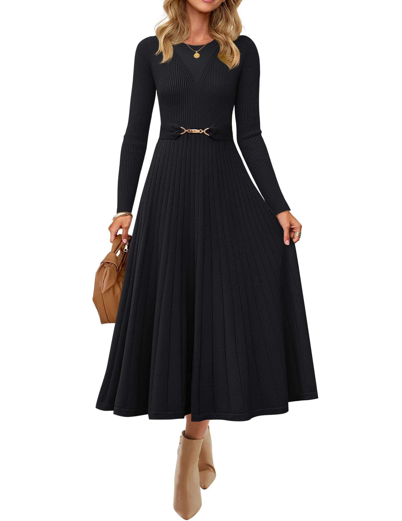 Luxuii Fall Crewneck Knit A Line Pleated Flowy Long Dresses with Belt