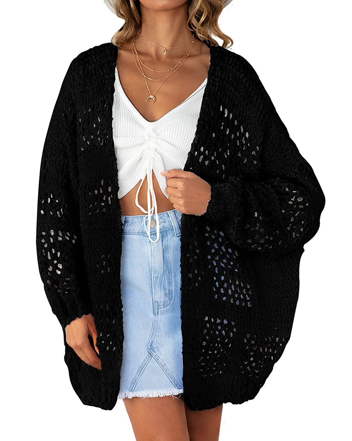 Luxuii Batwing Sleeve Crochet Hollow Cardigan