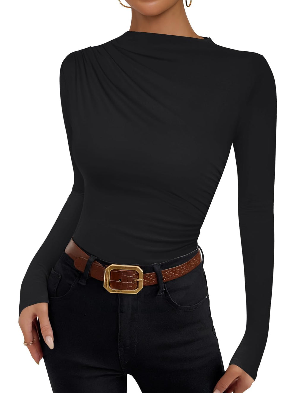 Luxuii Women's Long Sleeve Tops Mock Neck Ruched Tight Shirts