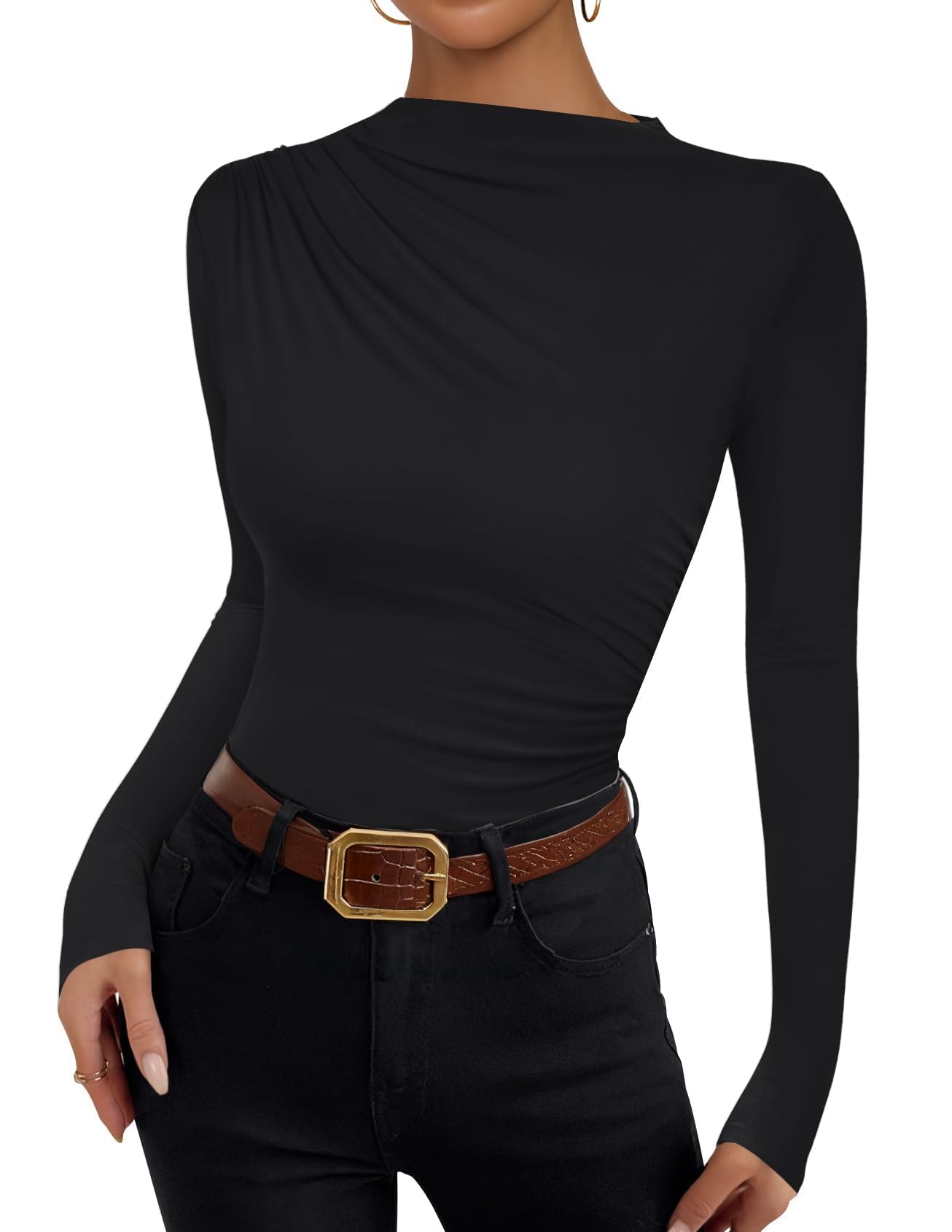 Luxuii Women's Long Sleeve Tops Mock Neck Ruched Tight Shirts