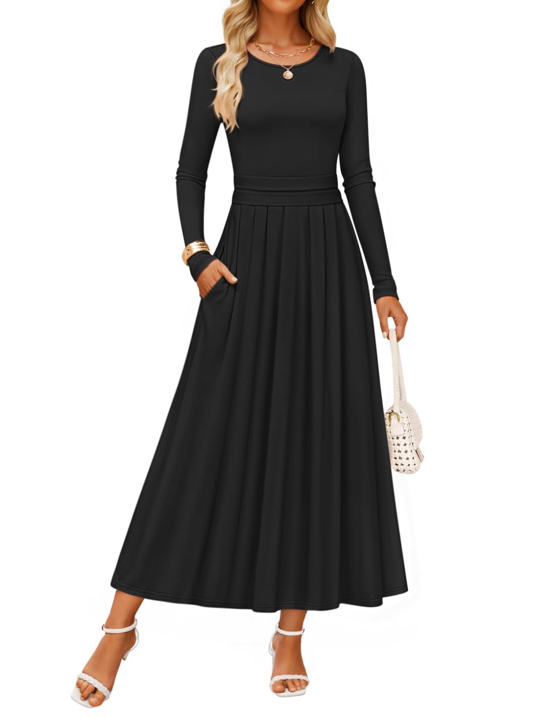 Luxuii Elegant Crewneck Knit High Wasit Pleated Flowy A Line Dresses