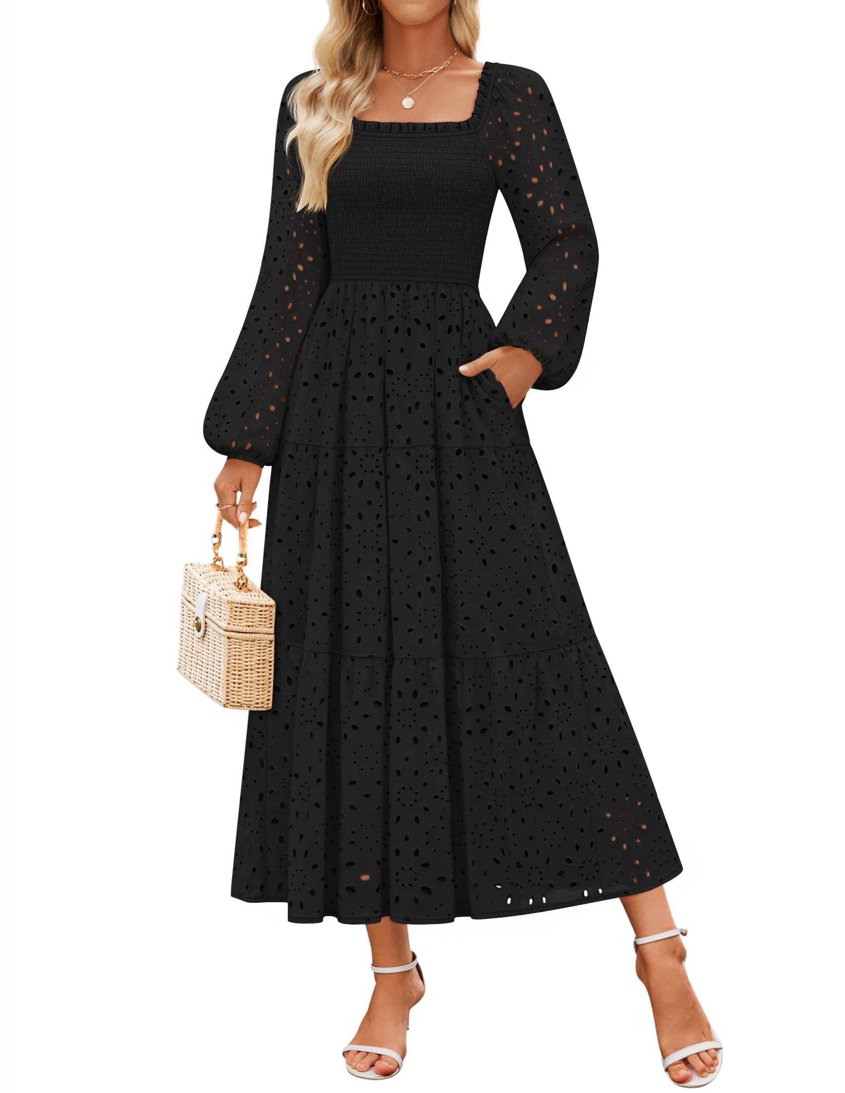 Luxuii Square Neck Hollow Out Eyelet Smocked A Line Boho Dress
